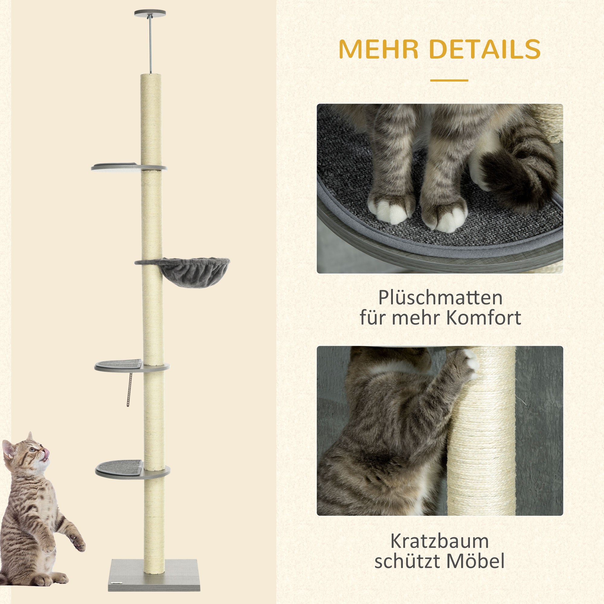 PawHut Kratzbaum mit Hängematte, inkl. Deckenspanner, Deckenhoch, 40 cm x 40 m x 250 cm, Grau + Cremeweiß