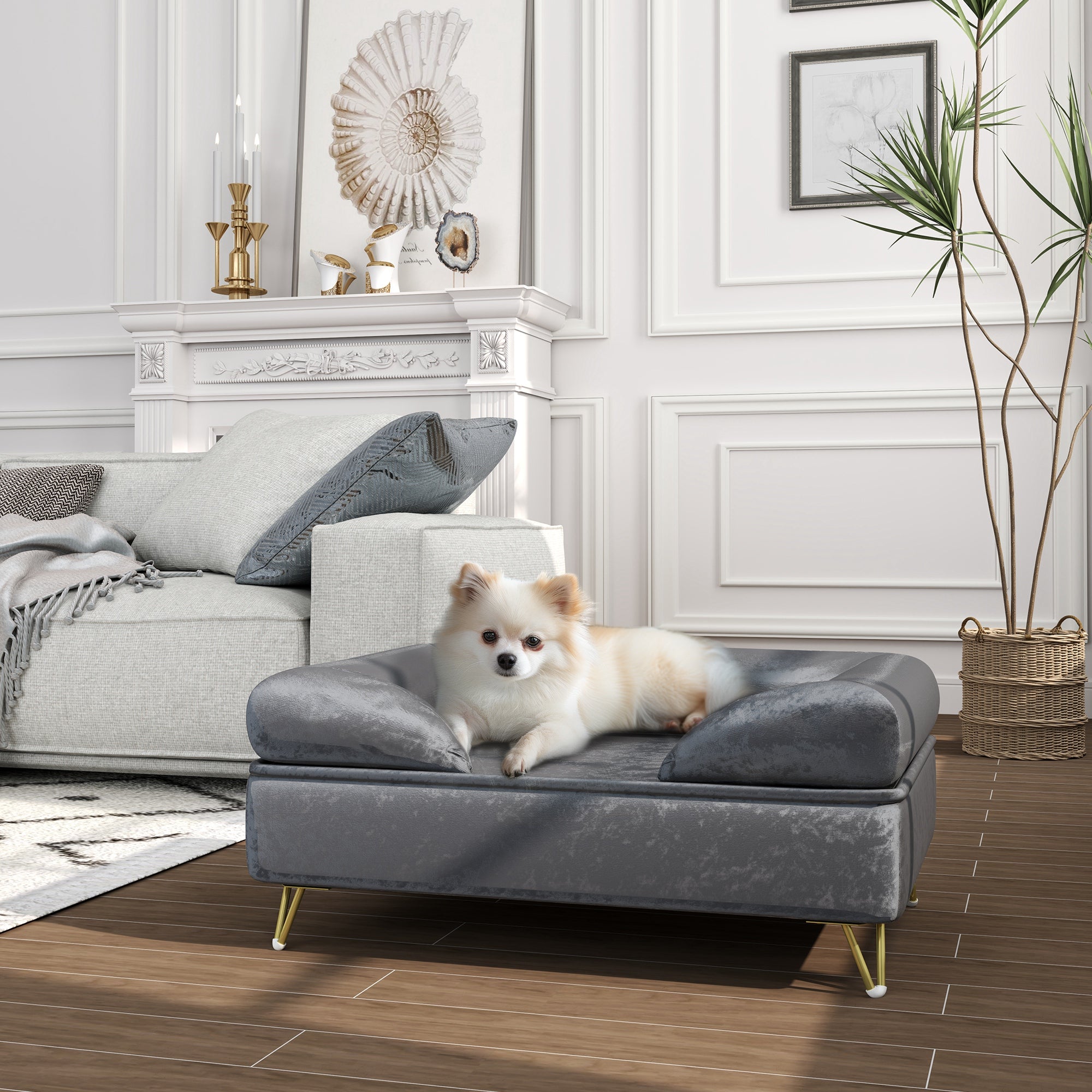PawHut Hundesofa Grau 76x53,5x34?cm mit Rückenlehne & Metallfüßen