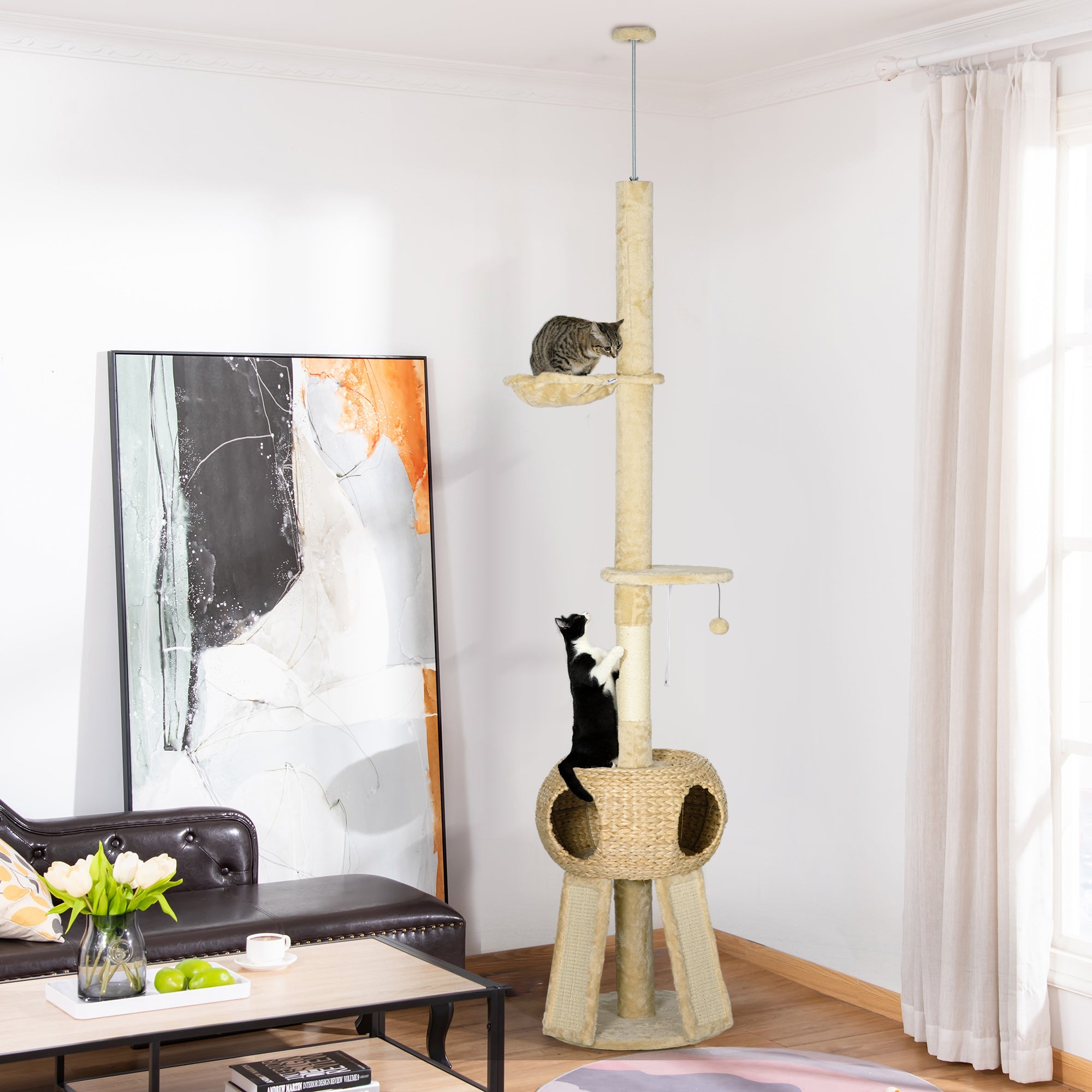 PawHut Kratzbaum Katzenbaum, 1 Katzenhöhle, 1 Katzenhängematte, 1 Liegefläche, 48 cm x 48 cm x 255 cm, Natur + Beige