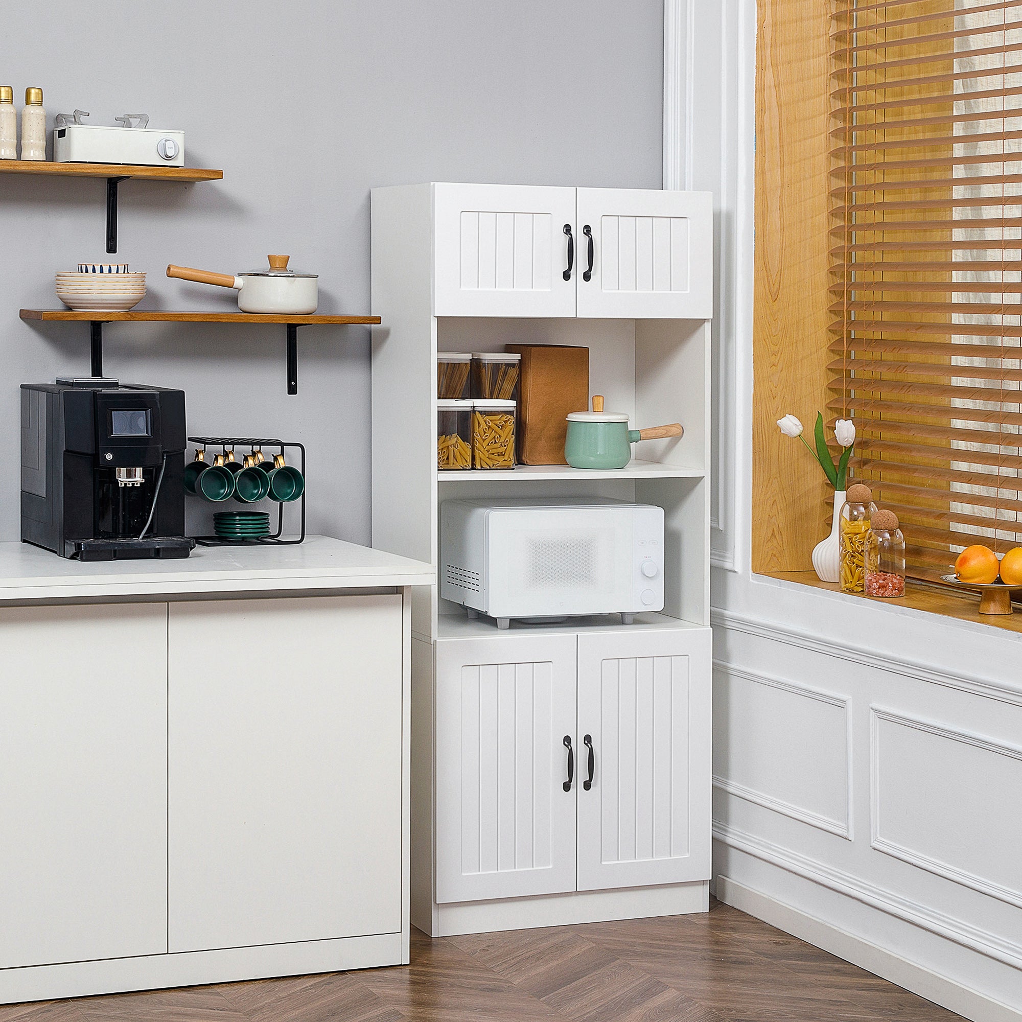 HOMCOM Küchenschrank Küchenbüffet Schrank, Landhausstil, 2 Schränke, 2 Regale,  70 cm x 40 cm x 170 cm Weiß + Schwarz