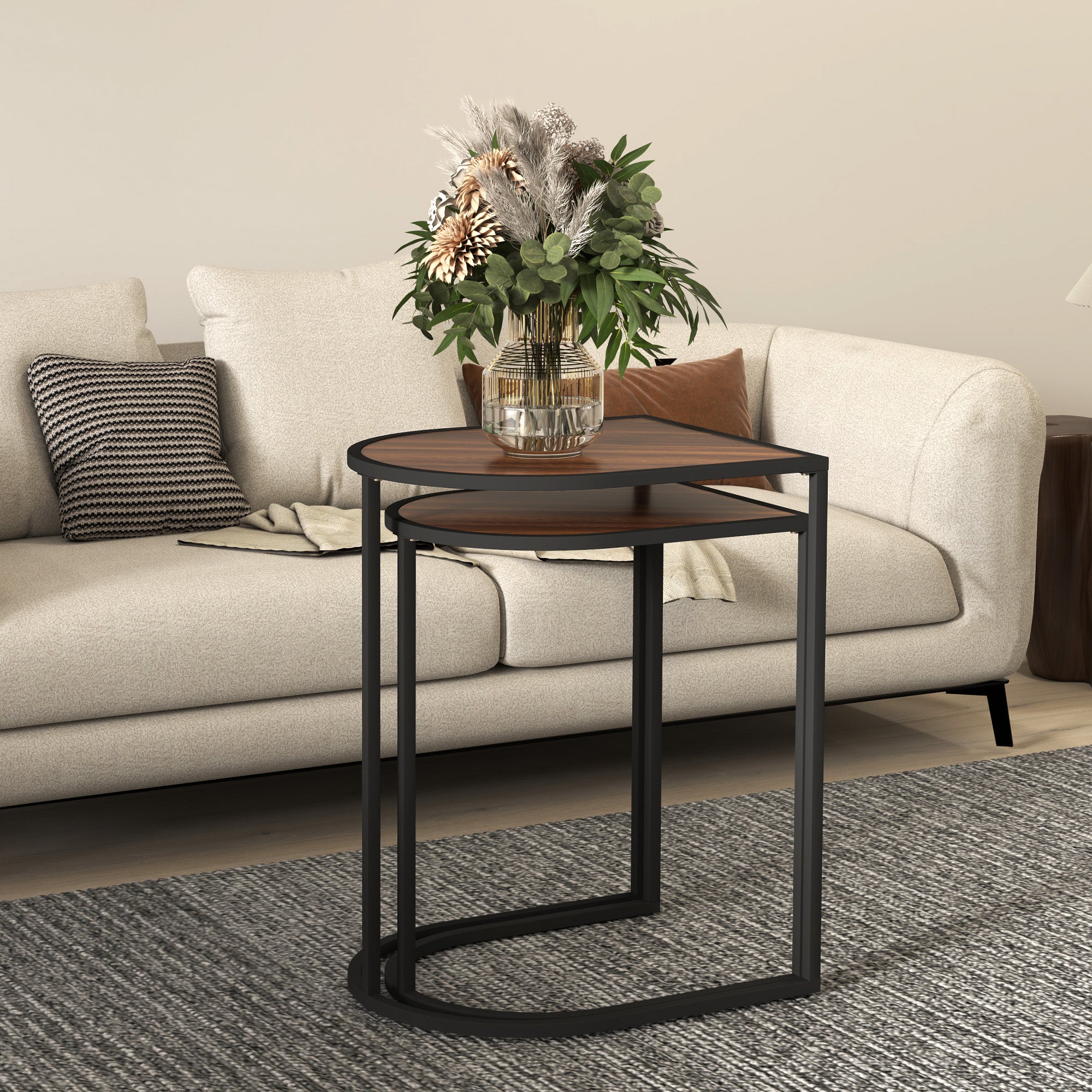 HOMCOM Satztisch-Set, Beistelltische, Metallrahmen, Tischplatte in Holzoptik, Braun