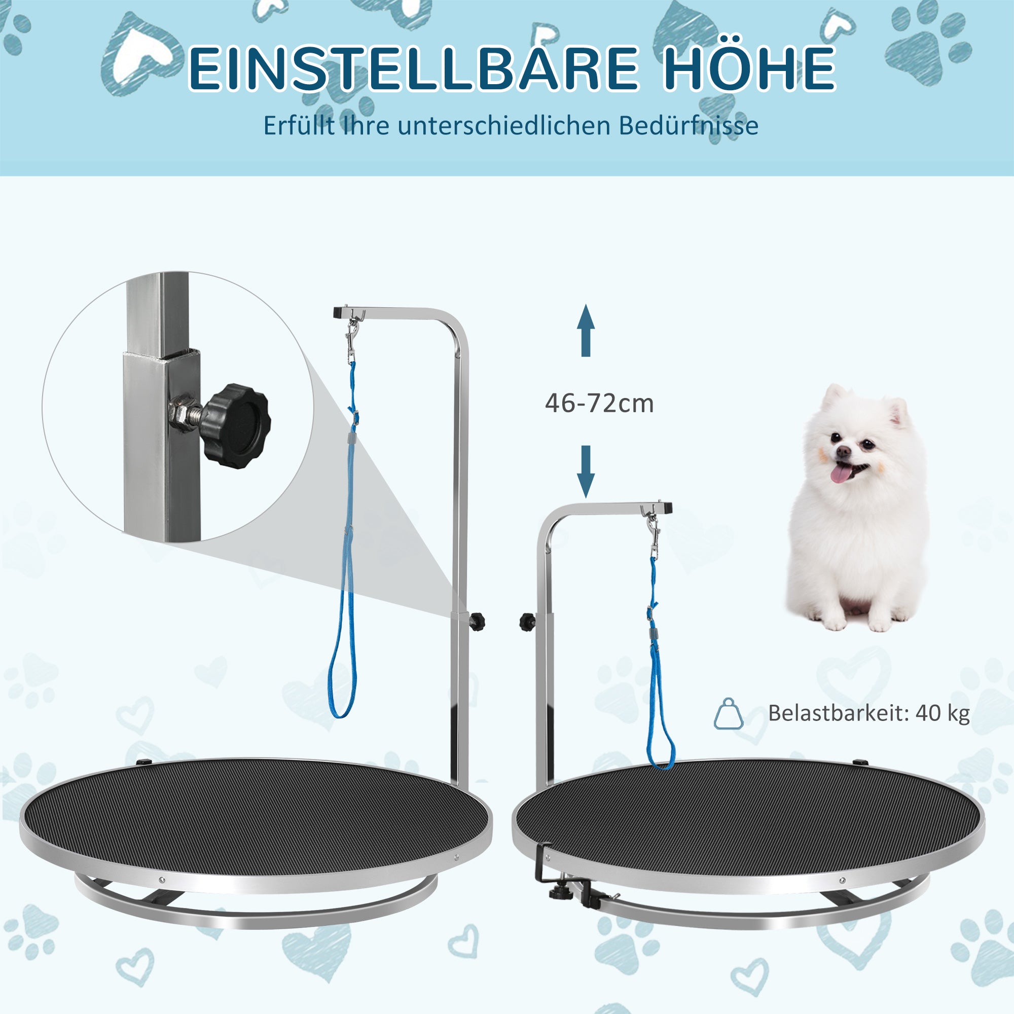 PawHut Hund Trimmtisch Tierpflegetisch drehbar trocknen Tabelle mit verstellbaren Arm rutschfeste Tischplatte Verriegelungssystem Aluminium-Legierung Rand Edelstahl Rahmen Sicherheit Leine Ø65x H10