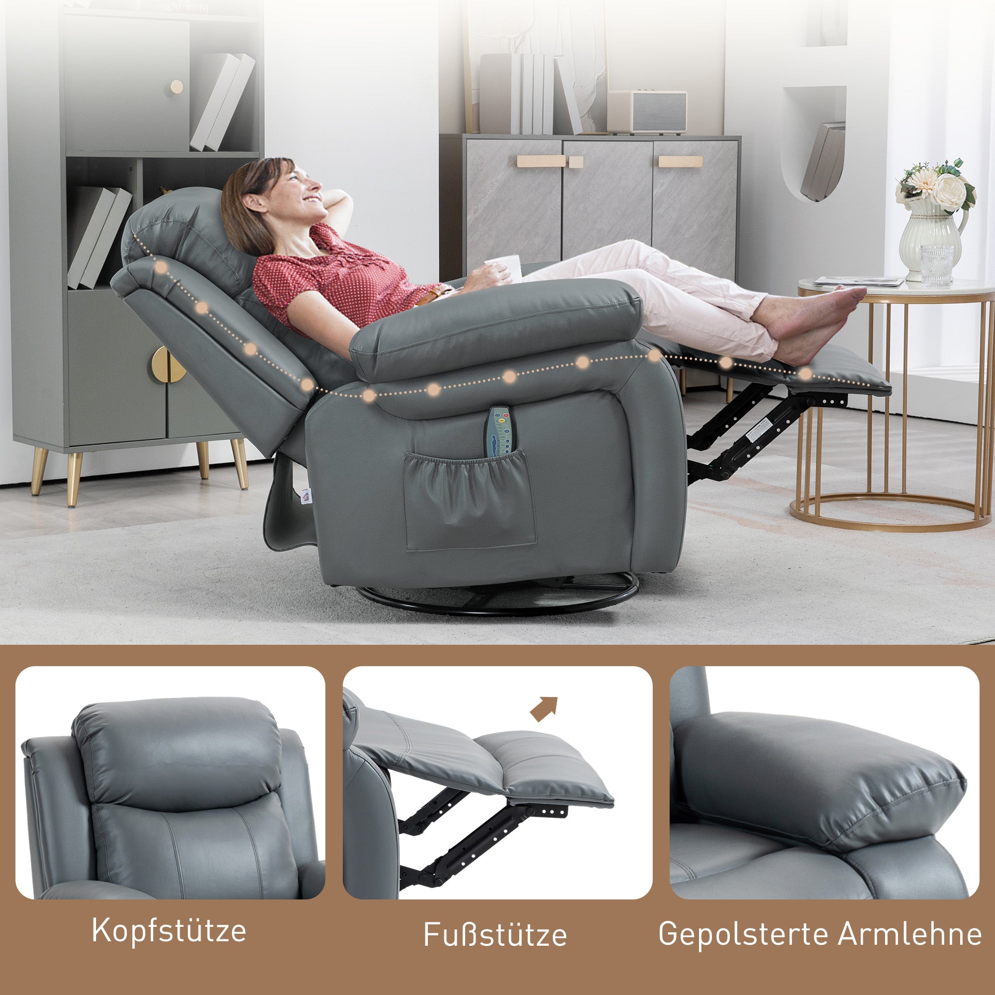 HOMCOM Massagesessel, Wipp- & Liegefunktion, drehbar, bis 150 kg, Kunstleder, Grau