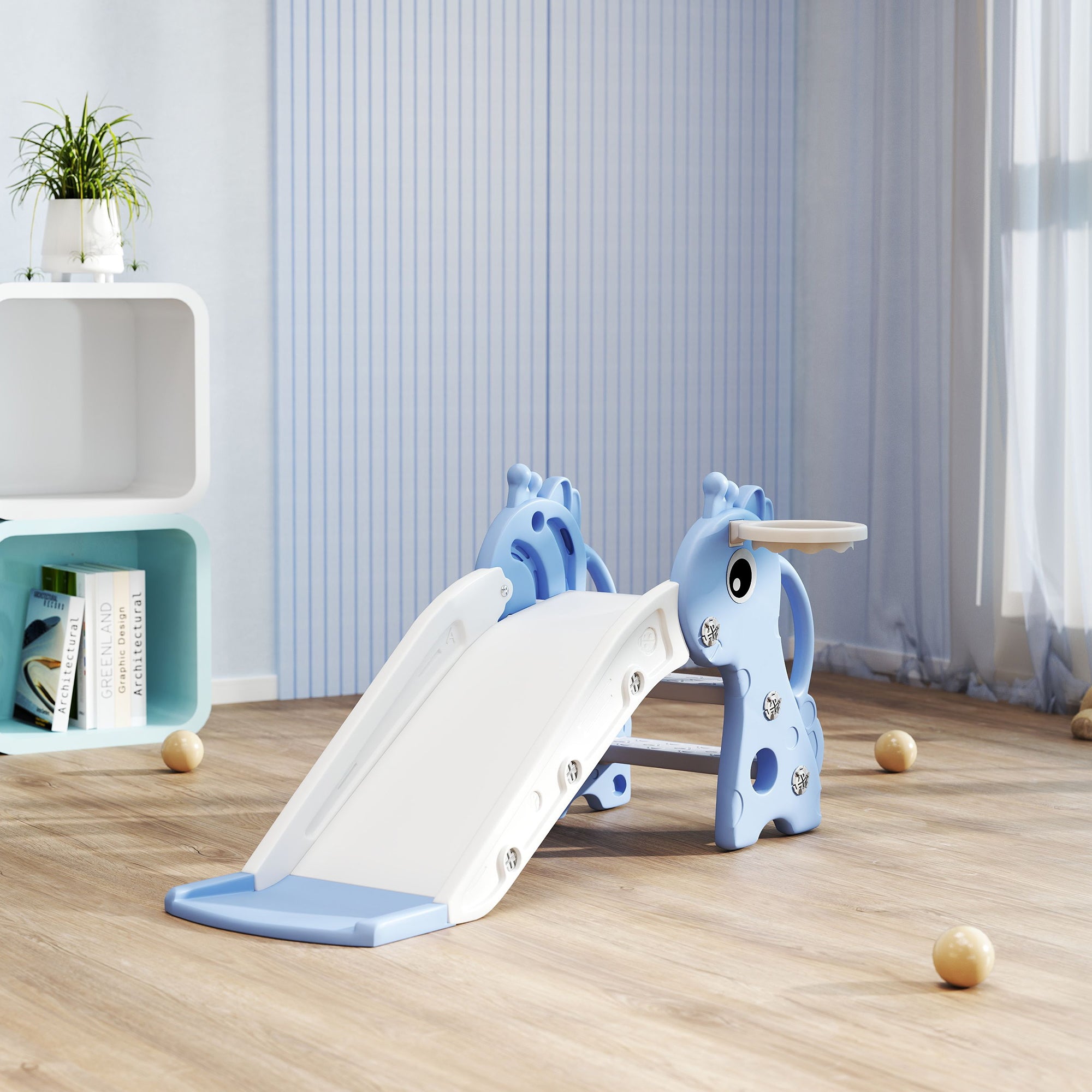 AIYAPLAY 3-in-1 Rutsche für Kinder, Giraffenform, Basketballkorb, Ball, Blau