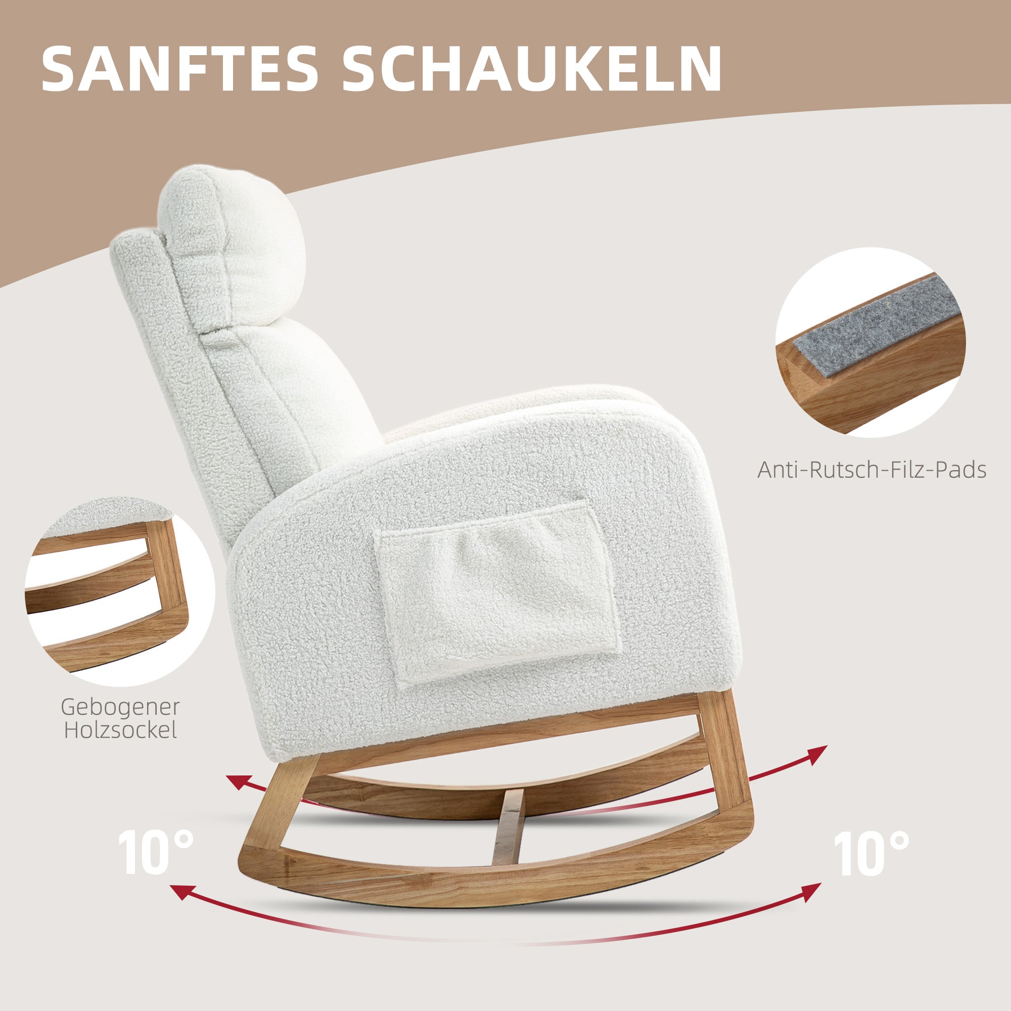 HOMCOM Schaukelstuhl, Relaxsessel, dicke Polsterung, kuscheliger Bezug, Holzrahmen, bis 120 kg Tragkraft, Cremeweiß