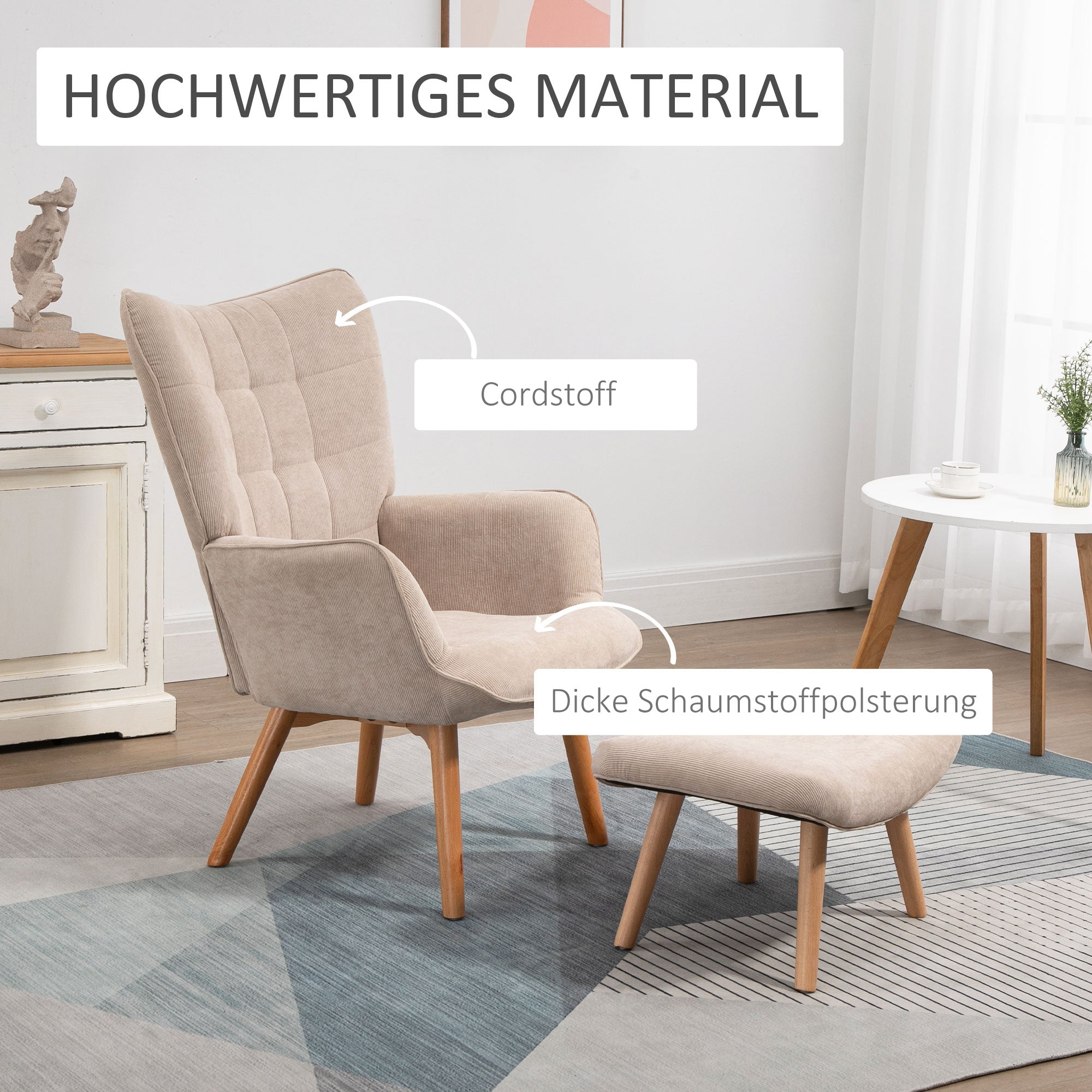 HOMCOM Akzentsessel mit Hocker, Relaxsessel in Cord-Optik, Armlehnstuhl mit Holzbeinen, für Wohnzimmer, Beige