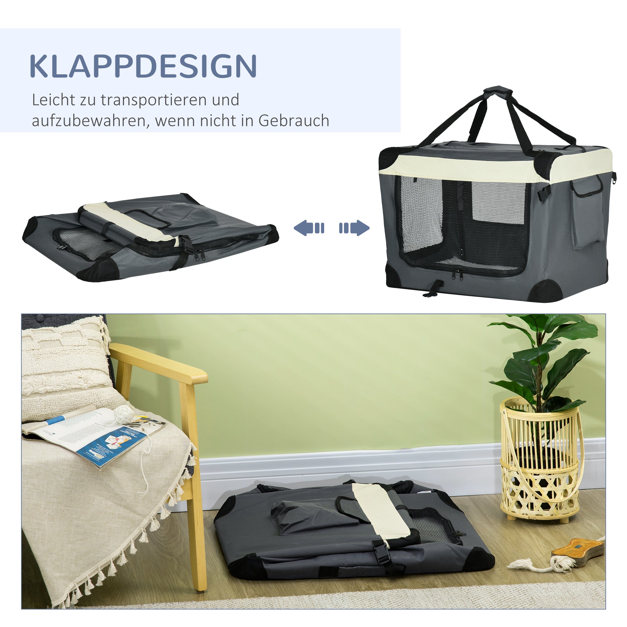 PawHut Transporttasche, Transportbox, für Katzen und kleine Hunde, faltbar, 3 Türen, grau, 70 x 51 x 50cm