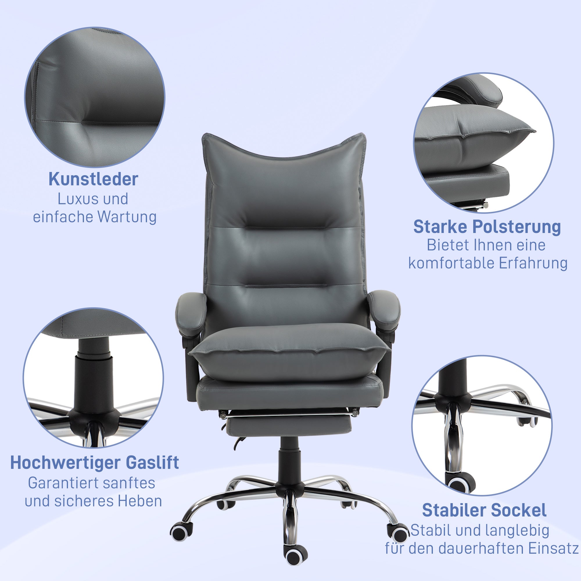 Vinsetto Ergonomischer Bürostuhl, verstellbare Sitzhöhe, neigbare Rückenlehne, Kunstleder, Dunkelgrau
