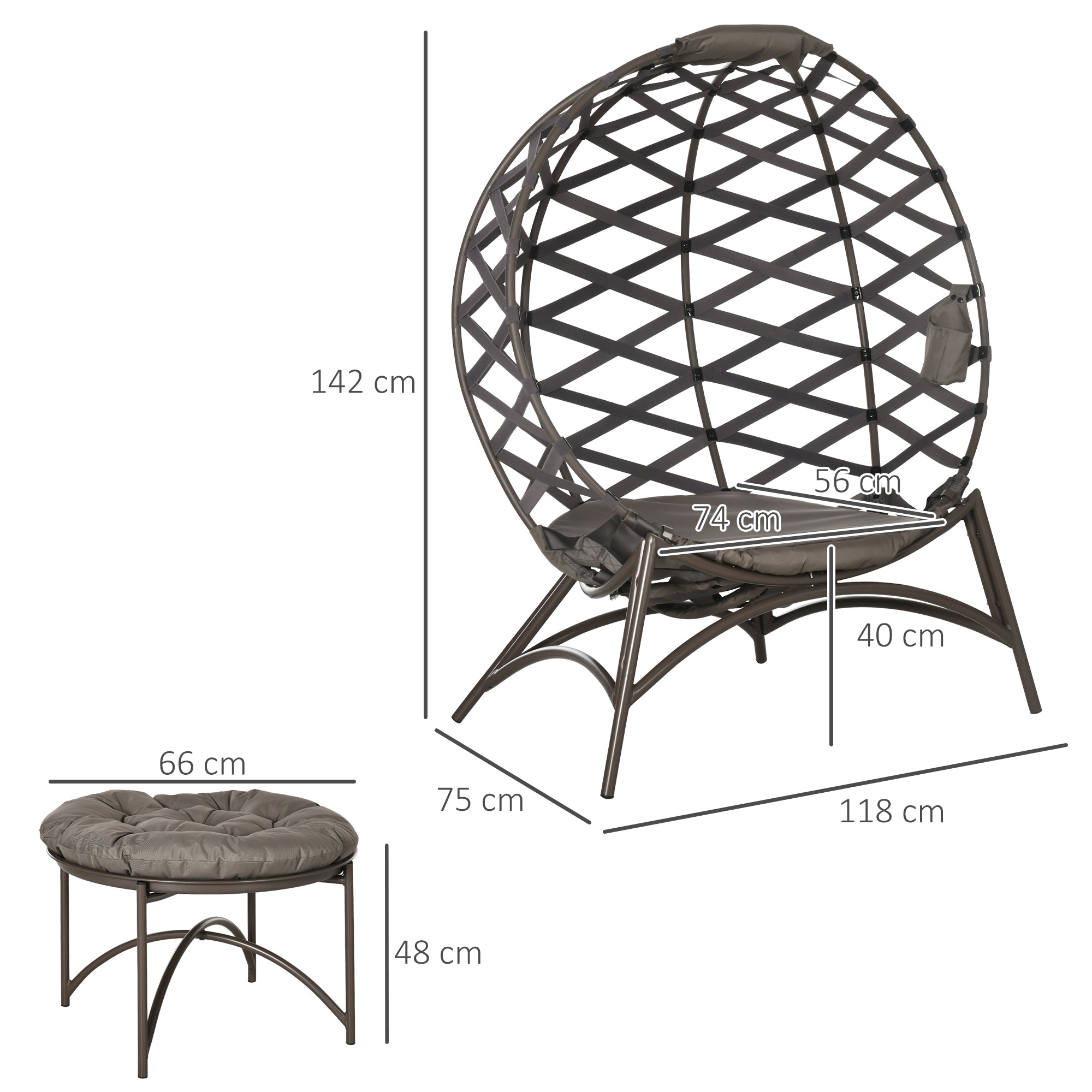 Outsunny Gartenstuhl-Set, 2-tlg., Hocker/Beistelltisch, gr. Sitzkissen, Stahlrahmen, Farbe: Sand, 118 x 75 x 142 cm