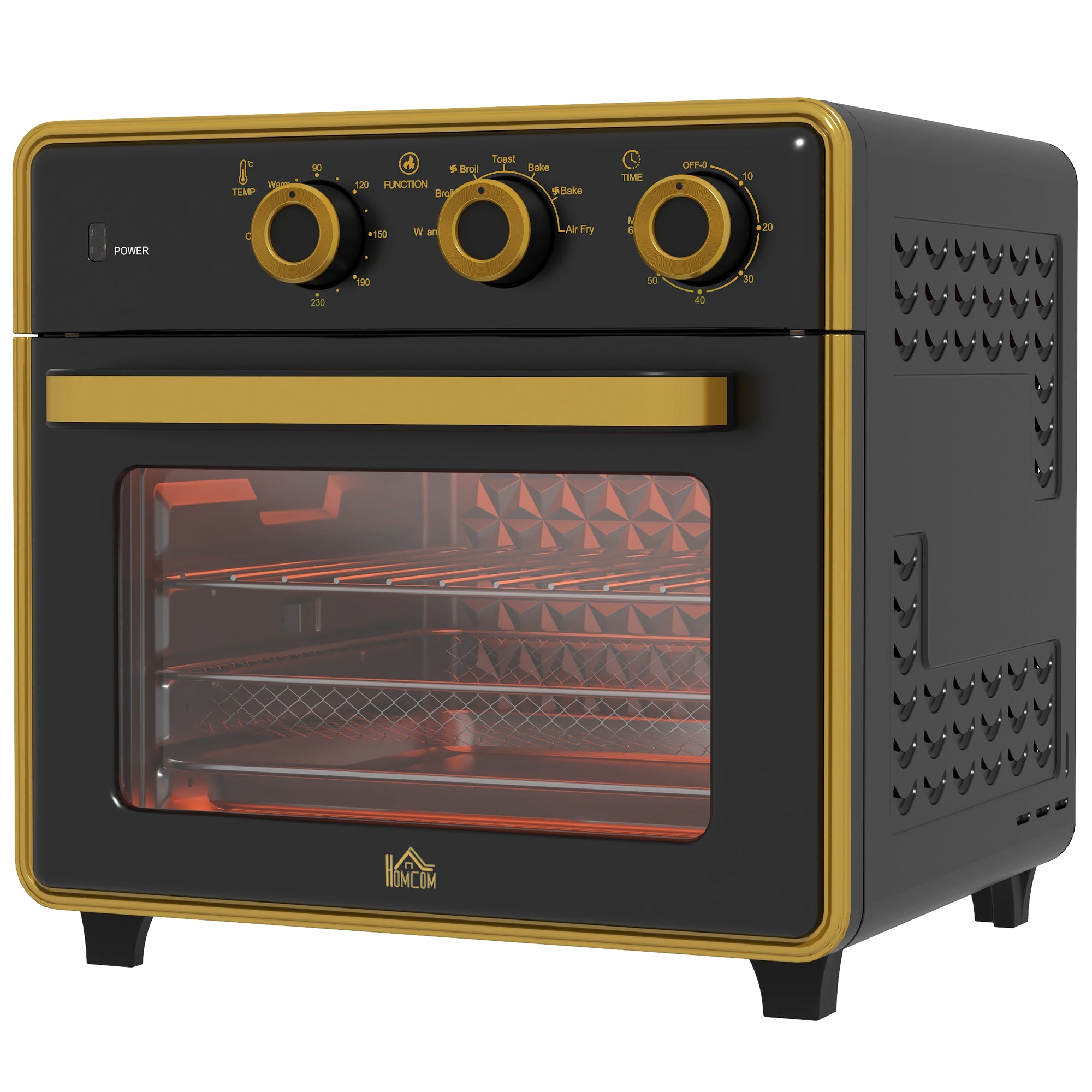 HOMCOM Mini-Backofen, 20 Liter, ölfreies Frittieren, Grillen, Backen, Umluft, 90-230° C, Timer, 1400W, schwarz+gold