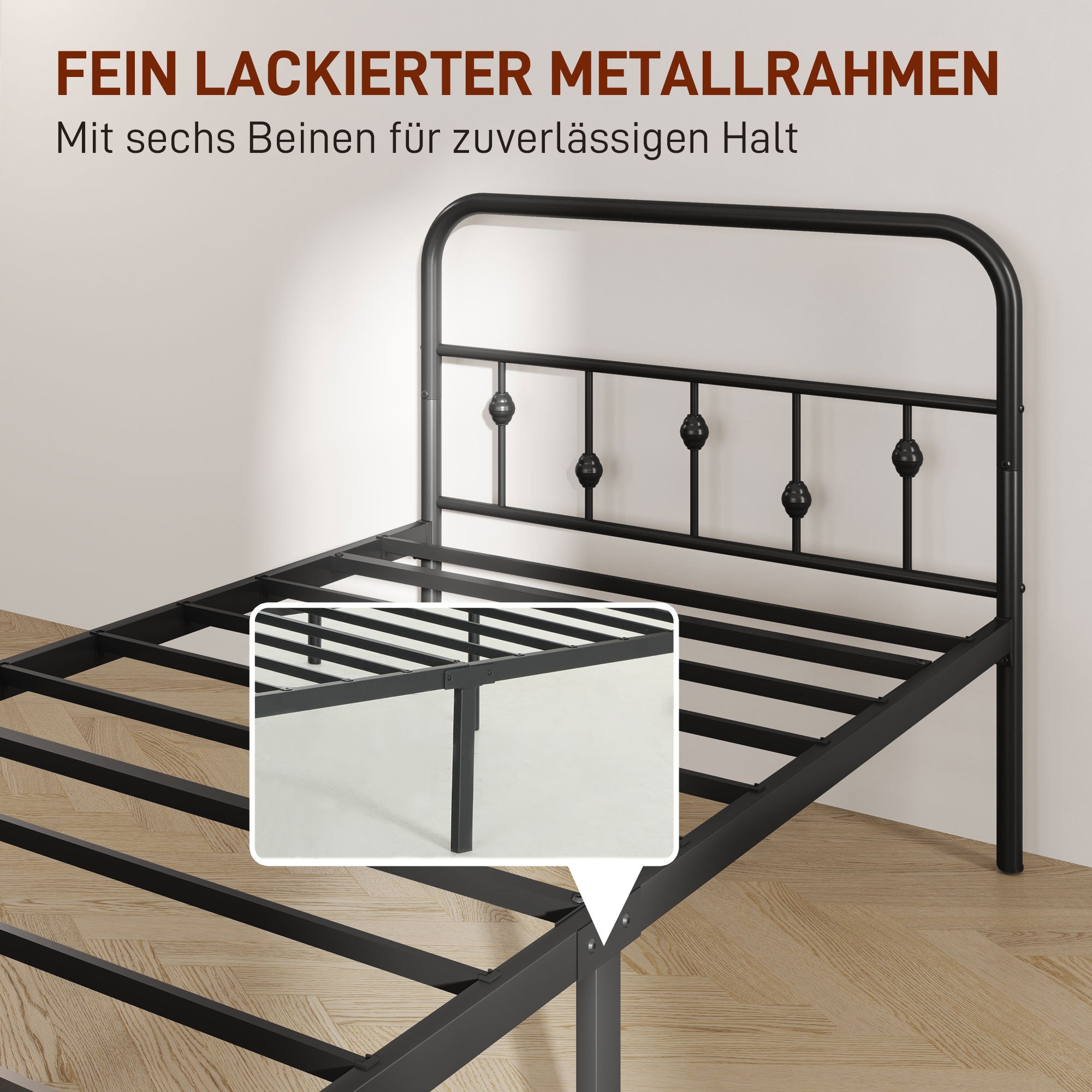 HOMCOM Einzelbettgestell aus Metall, Leichte Montage, mit geräuschreduzierenden Gummikits, Schwarz