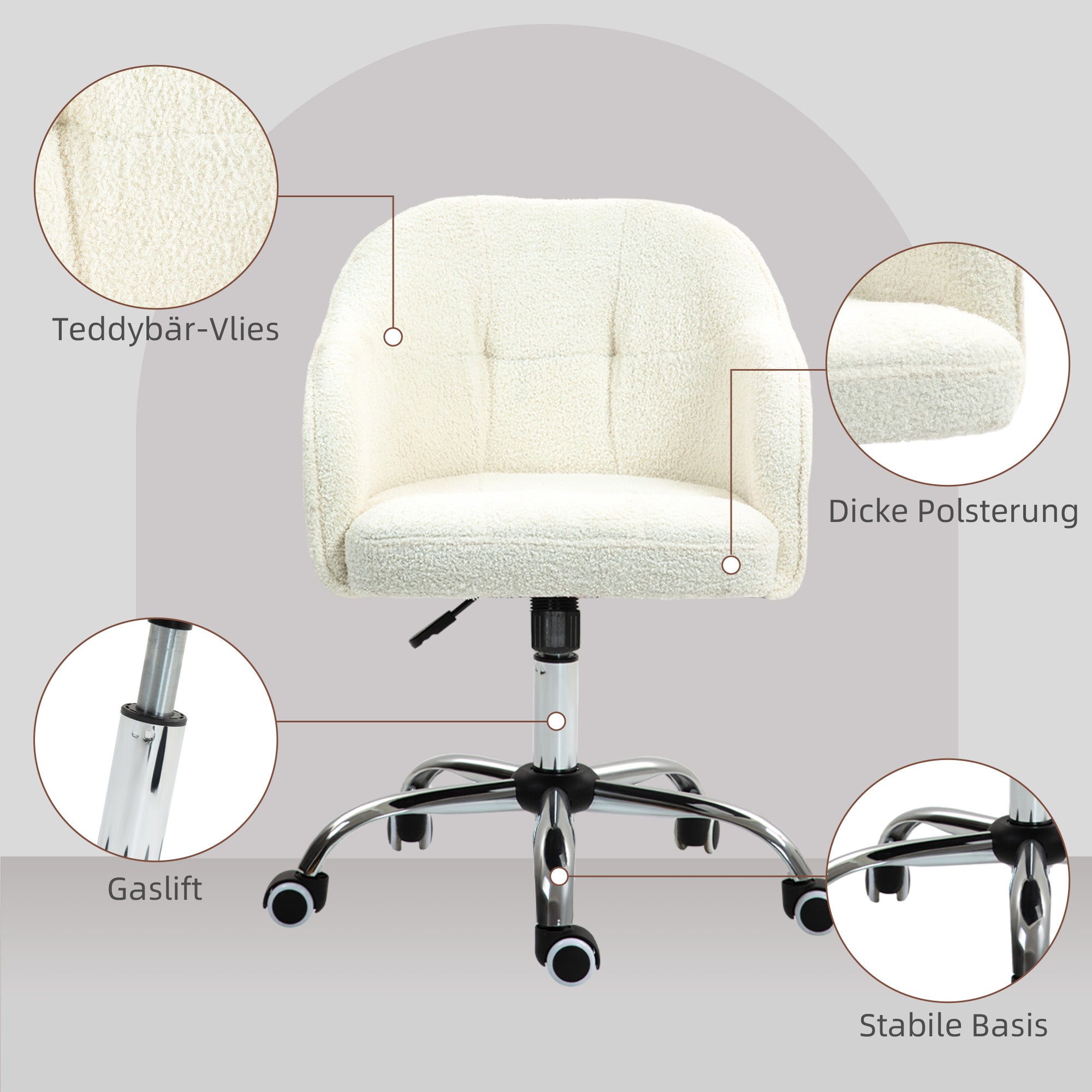 HOMCOM Homeoffice Stuhl, Ergonomisch Schreibtischstuhl mit Wippfunktion, Teddysamtoptik 56 x 61 x 86 cm Cremeweiß