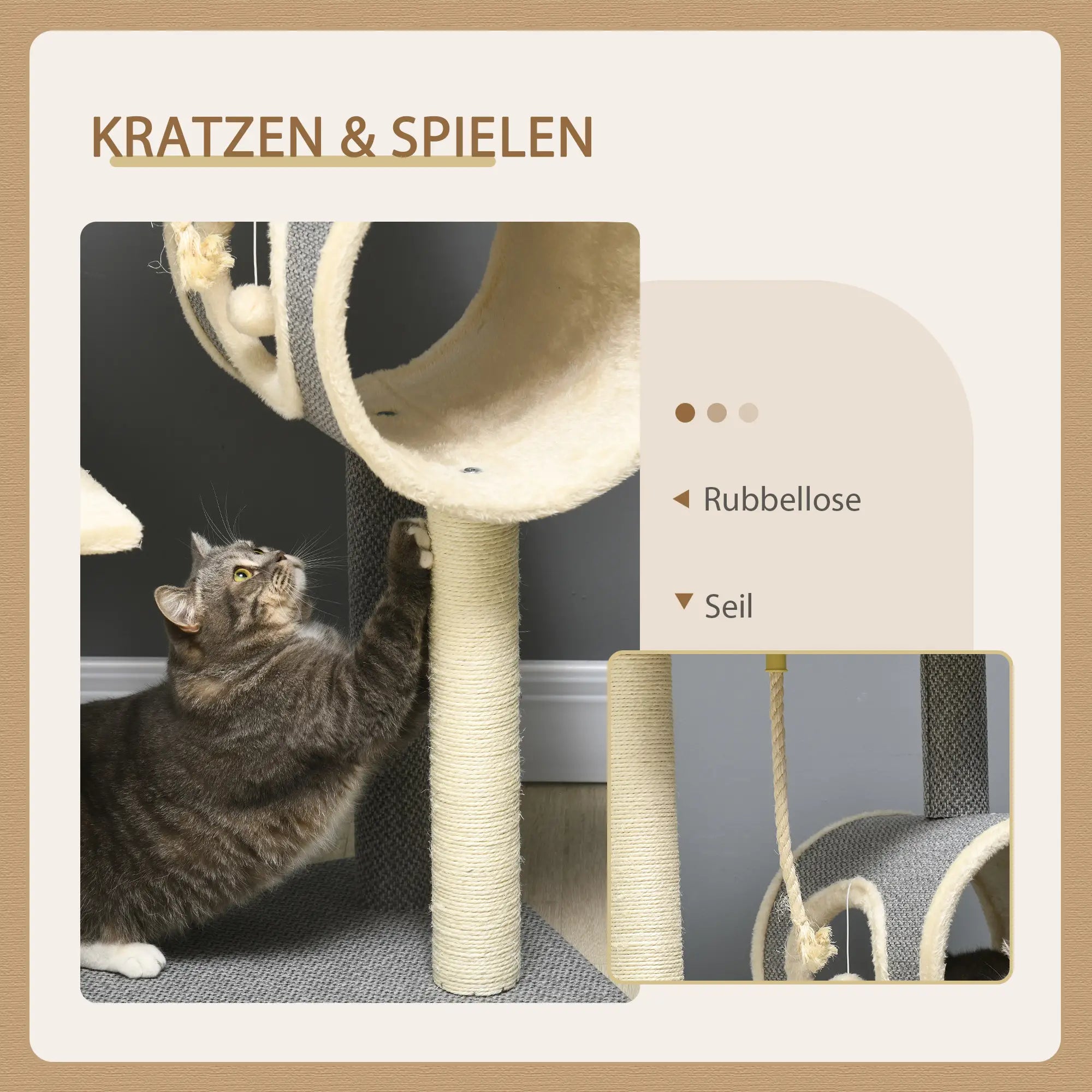 PawHut Kratzbaum Katzenbaum, 1 Katzenhöhle, 2 Liegeflächen, 60 cm x 40 cm x 104 cm, Grau + Natur