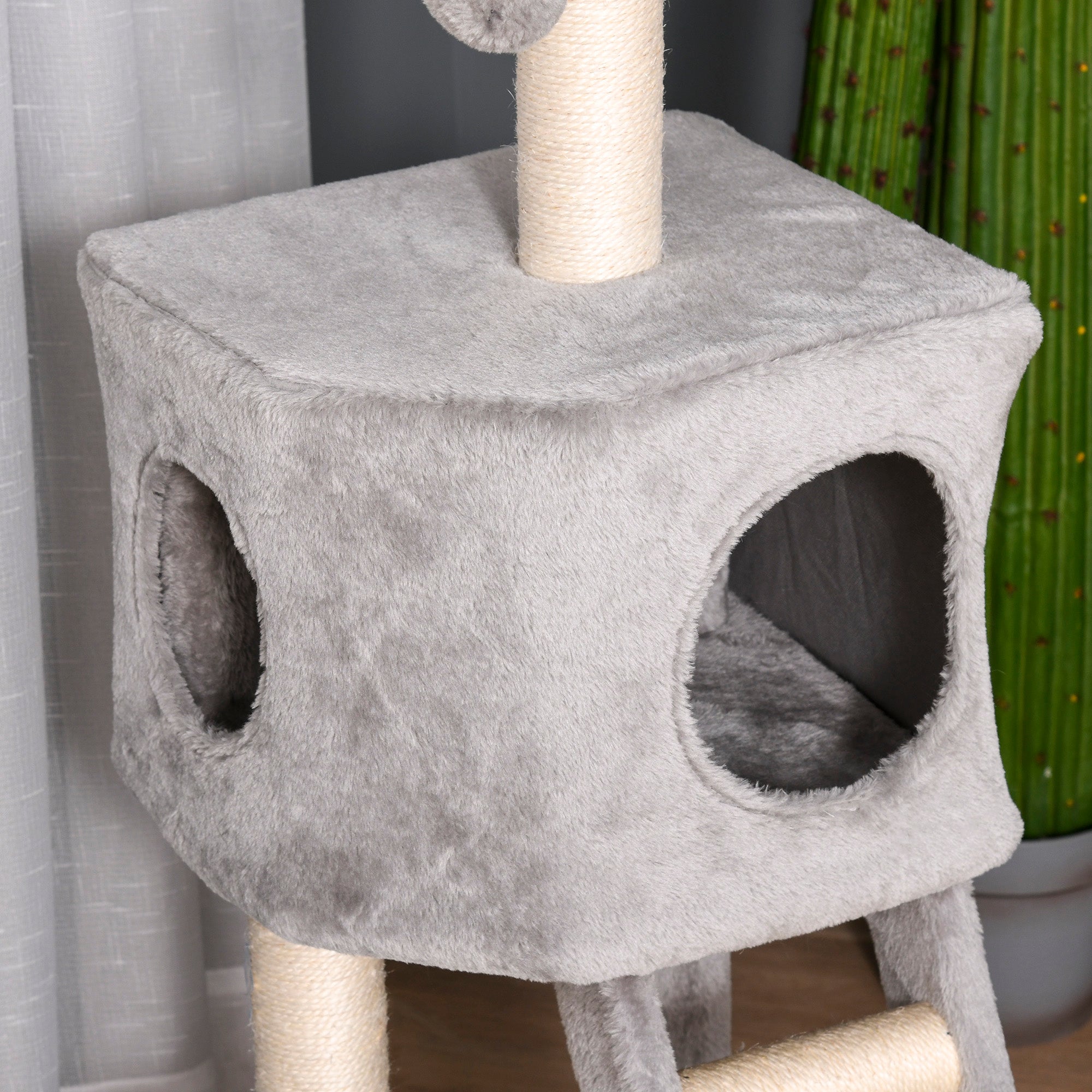 PawHut Kratzbaum 120 cm Katzenturm mit Höhle, Spielball, Sisalstämme,  Plattform, Treppe, mehrstöckiger Katzenkratzbaum, Kletterbaum für Katzen, Hellgrau