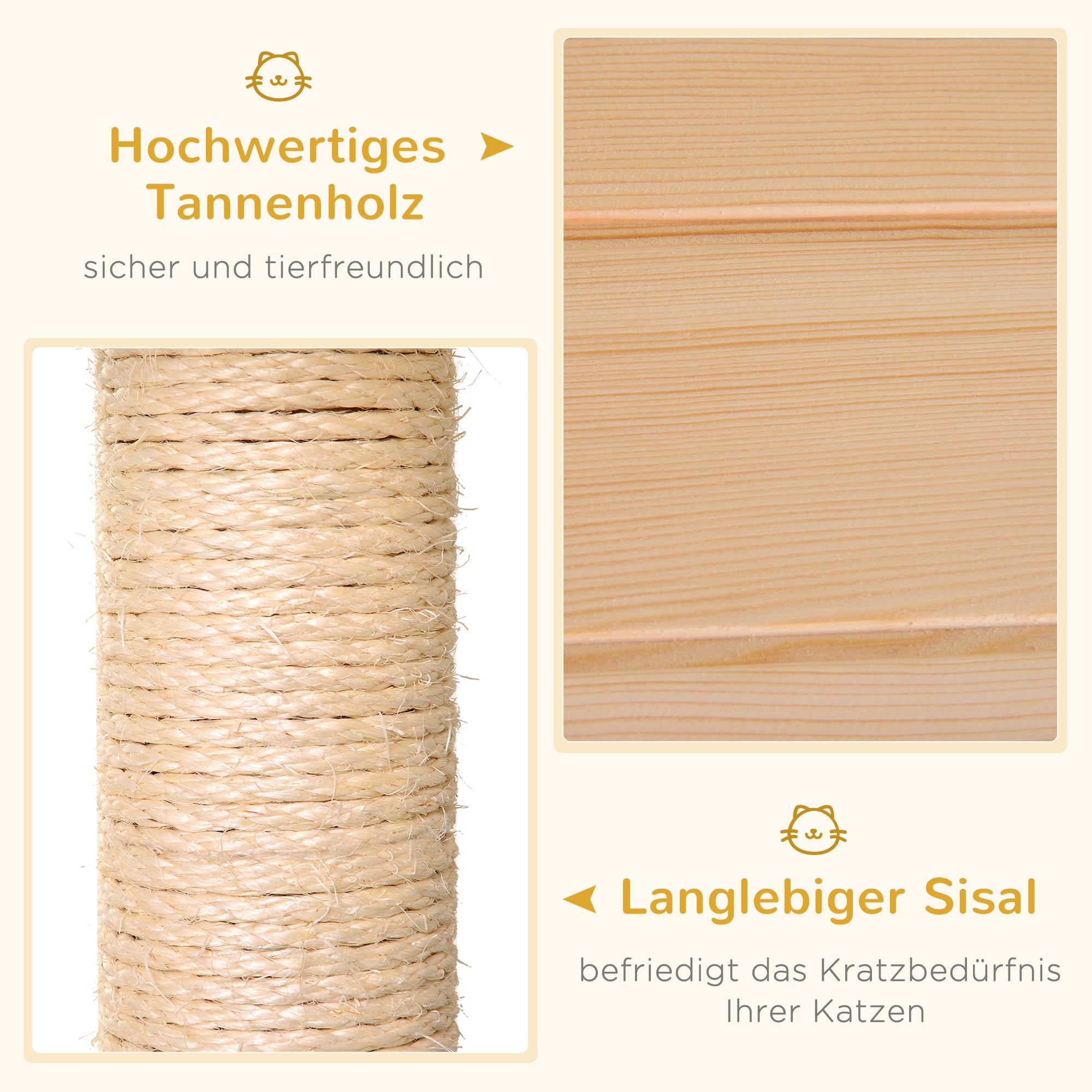 PawHut Katzenhaus mit Hängematte, Katzenkiste mit Sisalstamm, Katzenhöhle, Katzenbaum, Katzenaktivitätszentrum, Tannenholz, Natur, 70 x 35 x 60 cm