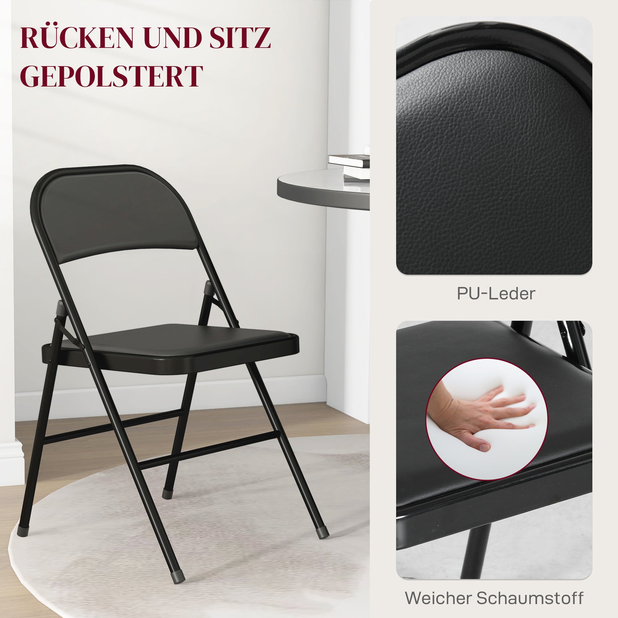 HOMCOM 4er-Set Klappstühle, Tragbare Bürostühle, Metallbeine, Faltstuhl für Büro, Empfang, Wartezimmer, Kunstleder, Schwarz