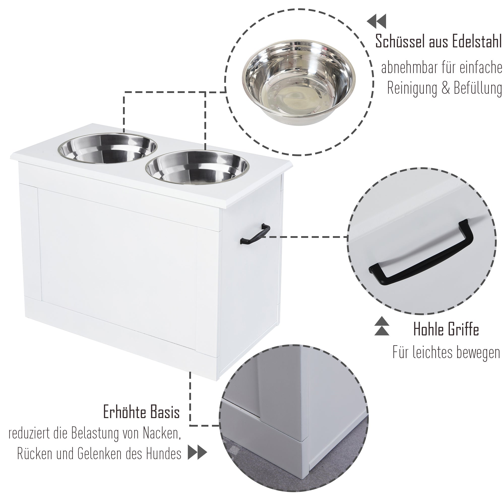 PawHut Erhöhter Hundenapf Futternapf mit Staumraum Wassernapf 2 x 2000ml Edelstahlnäpfen Hundenäpfe Fressnapf Futterstation für Hunde Katzen Weiß