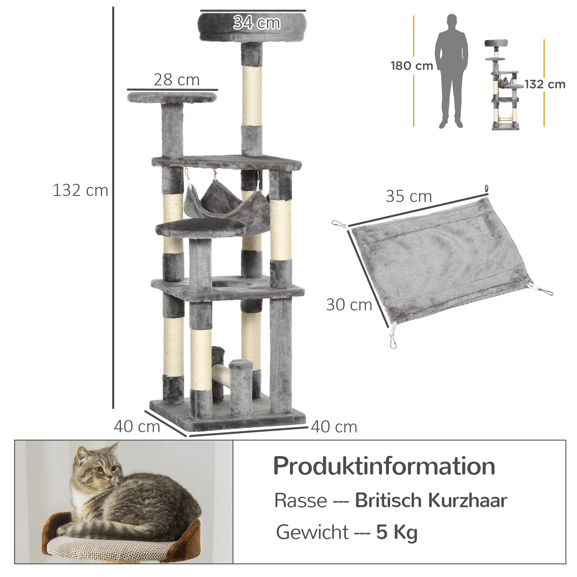 PawHut Katzenbaum Katzenkratzbaum Katzenspielturm Katzen Kletterbaum Kratzbaum Hängematte Grau L40 x B40 x H132 cm