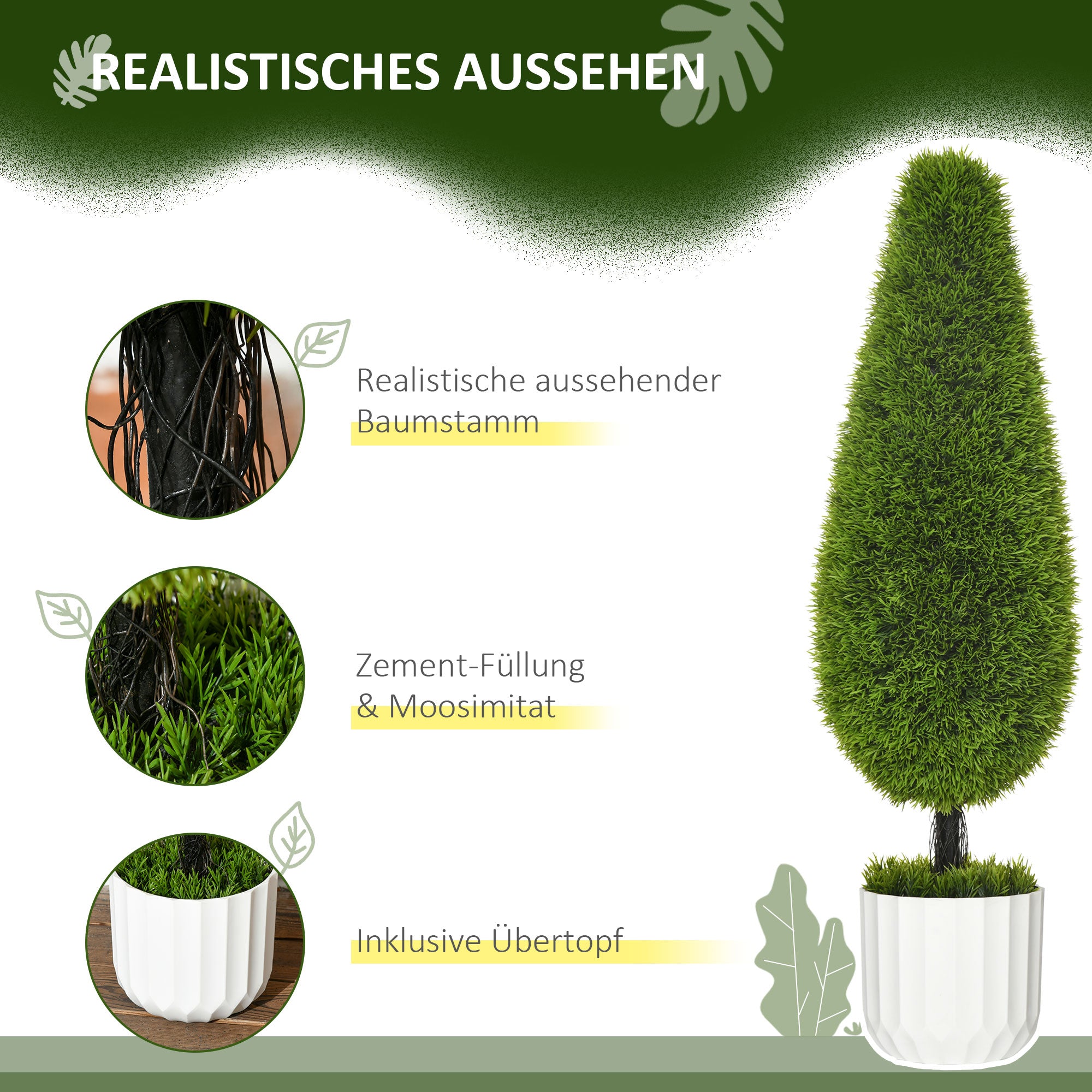 HOMCOM 2er-Set Kunstpflanze inklusive Übertopf und Kunstmoos; Künstliche Zypresse, Weiß + Grün