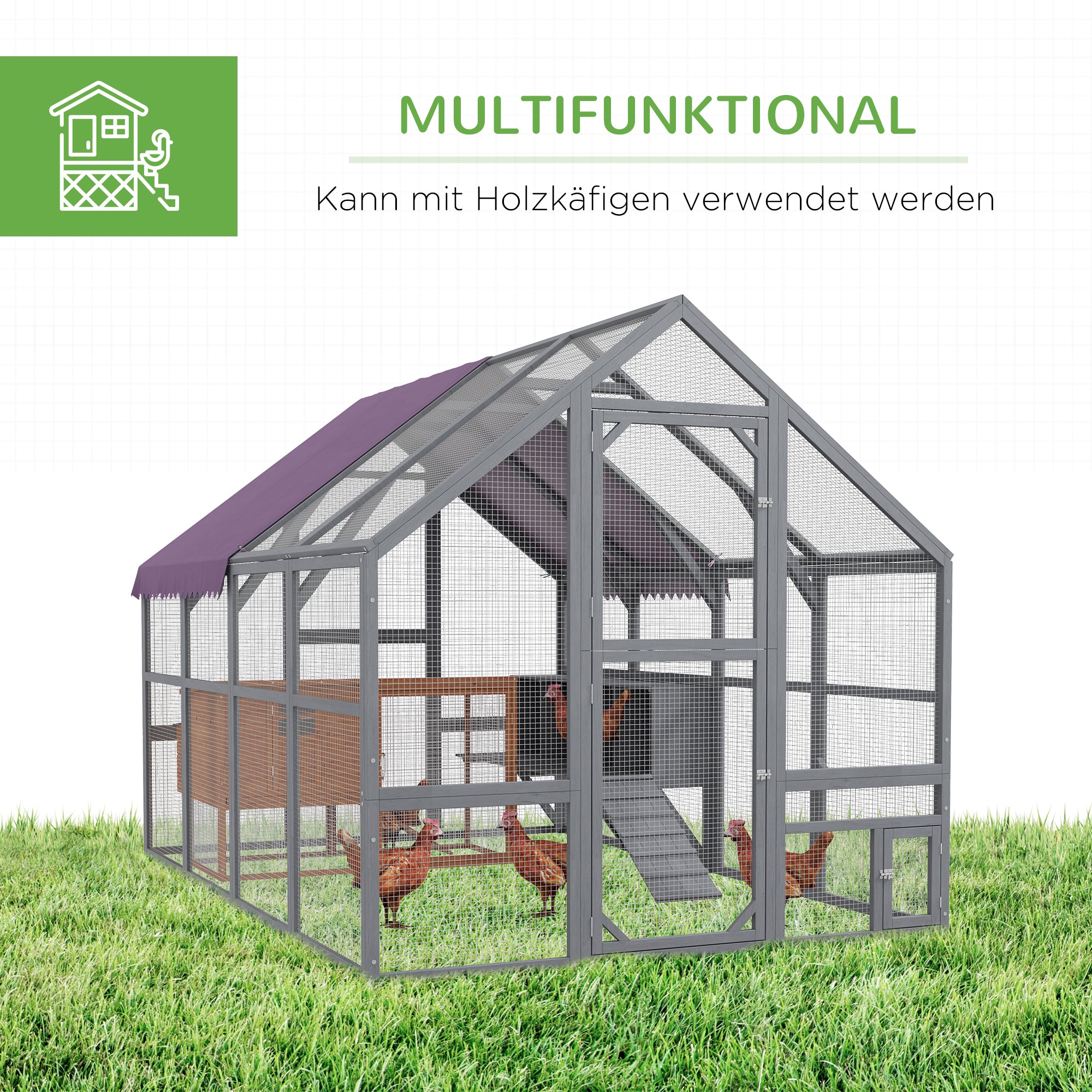 PawHut Hühnerstall Hühnerhaus Hühnerhütte, begehbar, wetterbeständig, 280 x 185,5 x 188 cm, Grau
