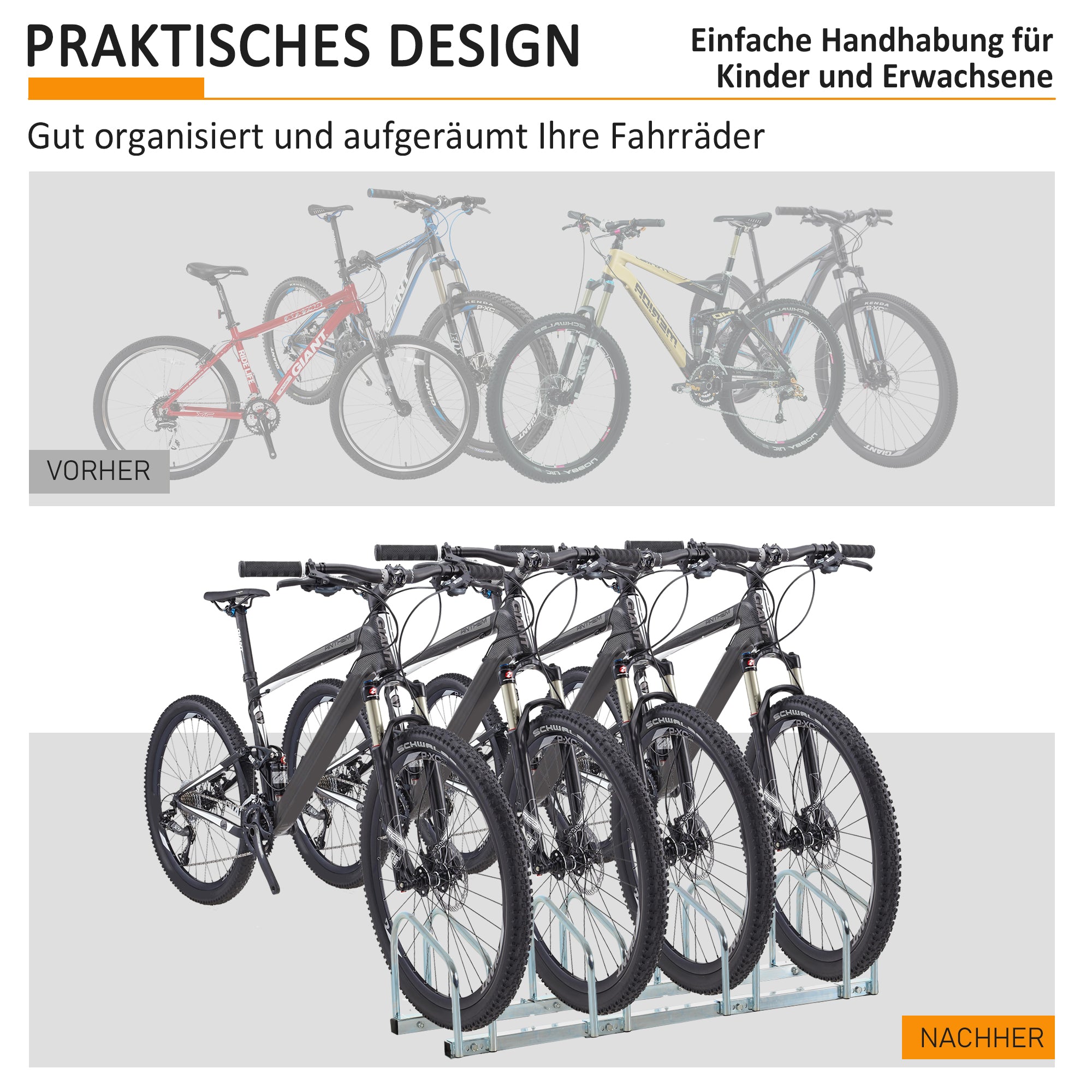 HOMCOM Fahrradständer für 4 Fahrräder, Boden- & Wandmontage, 110x33x27cm, Silber