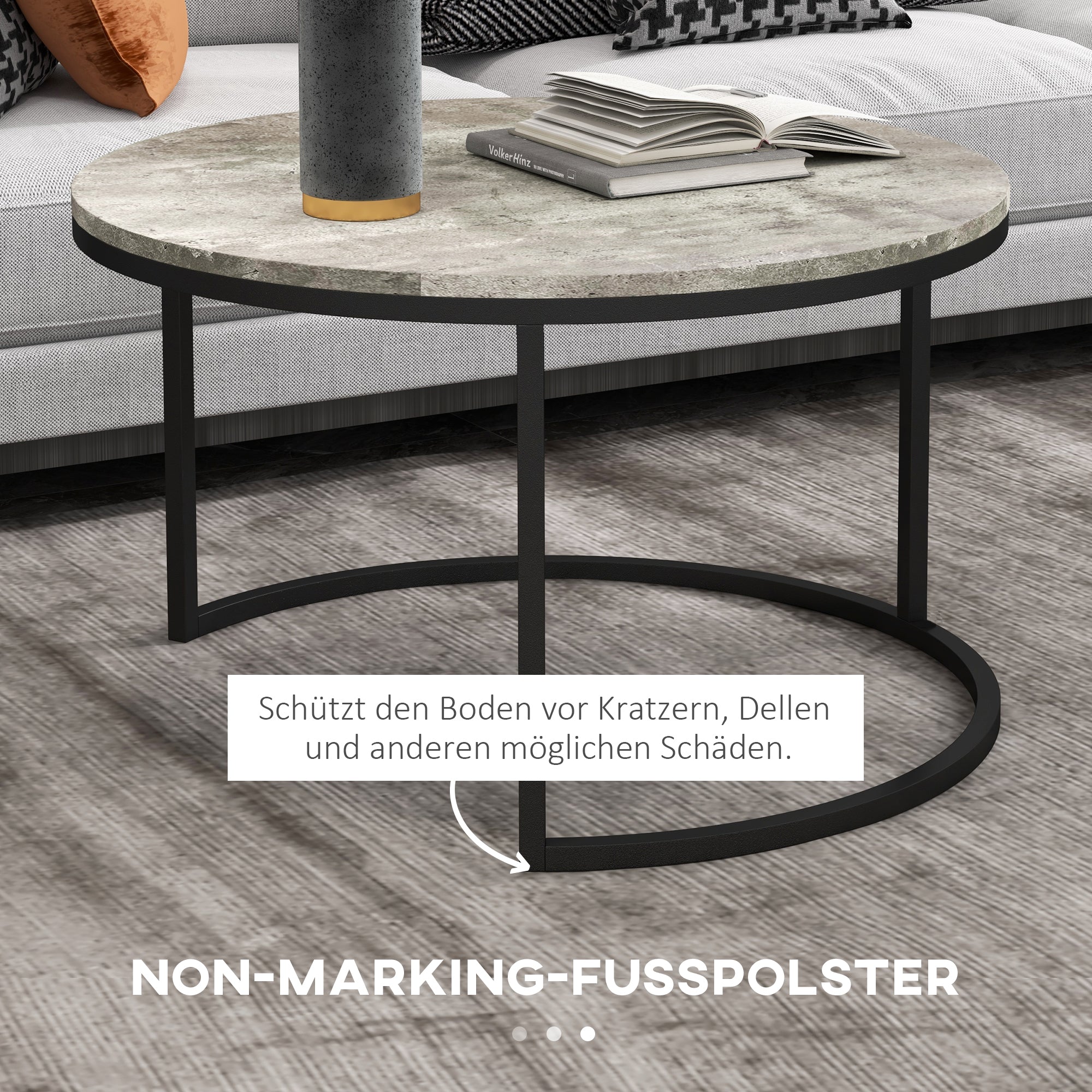 HOMCOM Couchtisch-Set, 2 runde Satztische, Industriedesign, Metallgestell, Marmoroptik/Grau