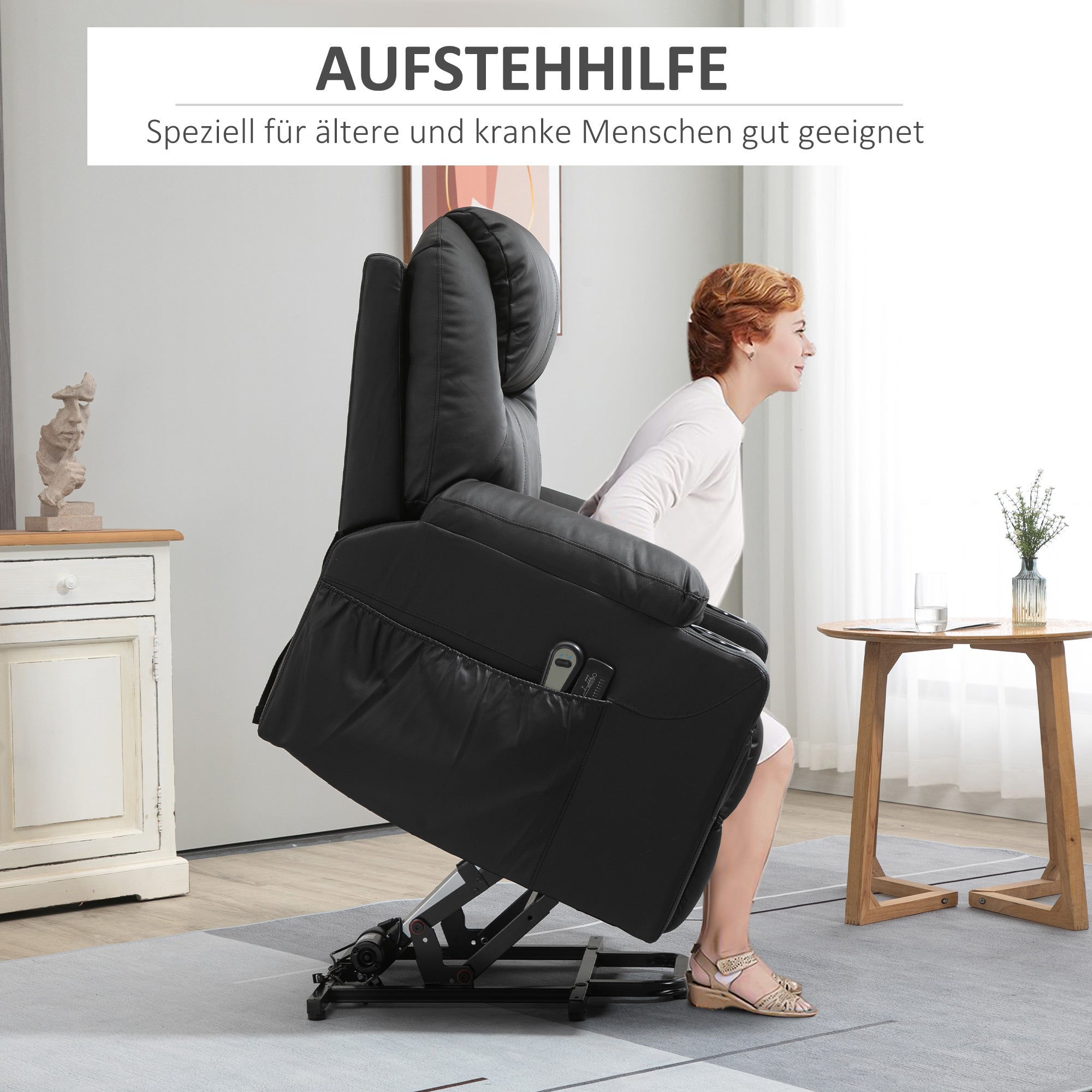 HOMCOM Aufstehsessel, Massagesessel, neigbare Rücklehne, 8 Massagemodi, elegantes Kunstleder, schwarz, 88 x 99 x 106cm