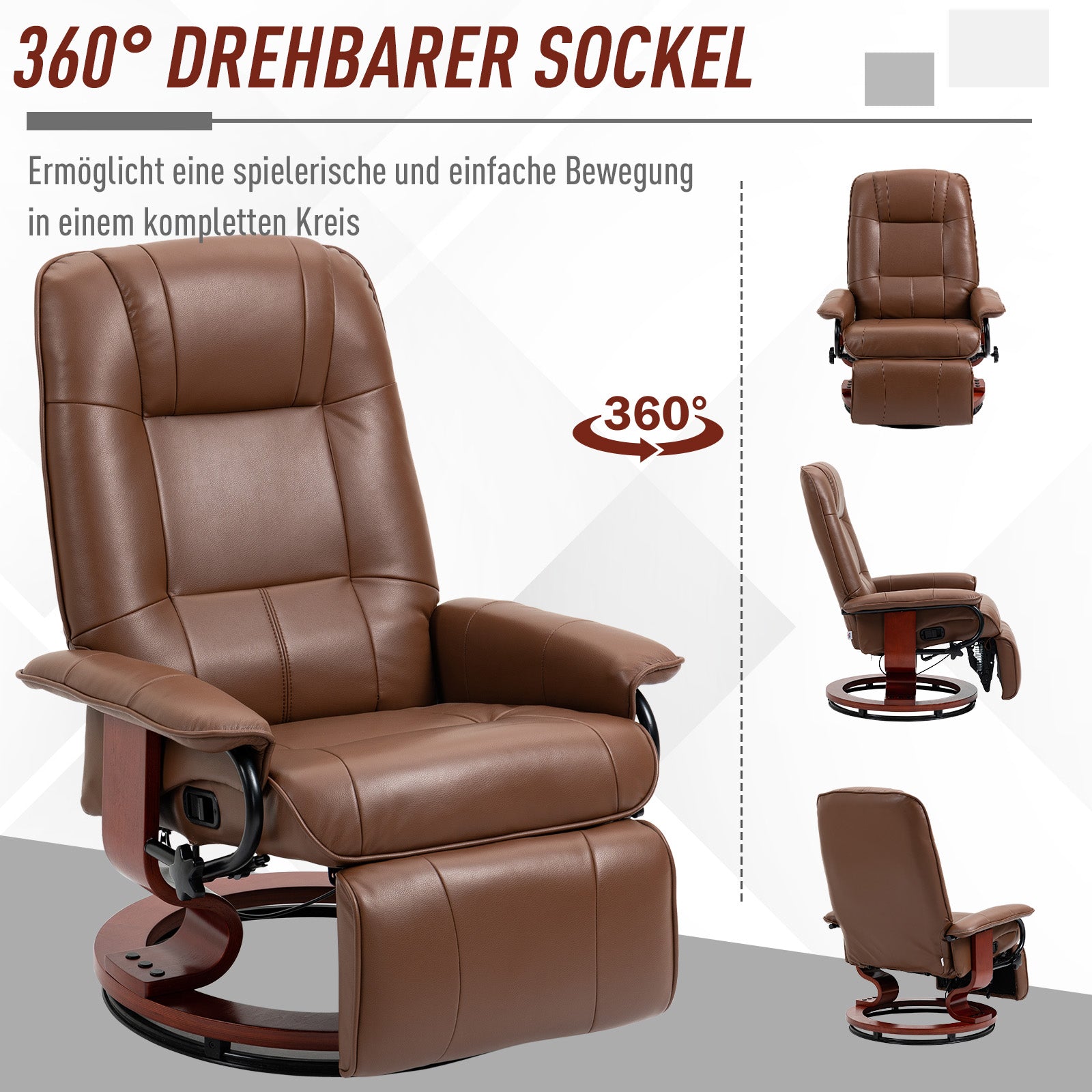 HOMCOM Relaxsessel, 145° neigbar, verstellbare Fußstütze, Kunstleder, 360° drehbar, bis 120 kg, Braun