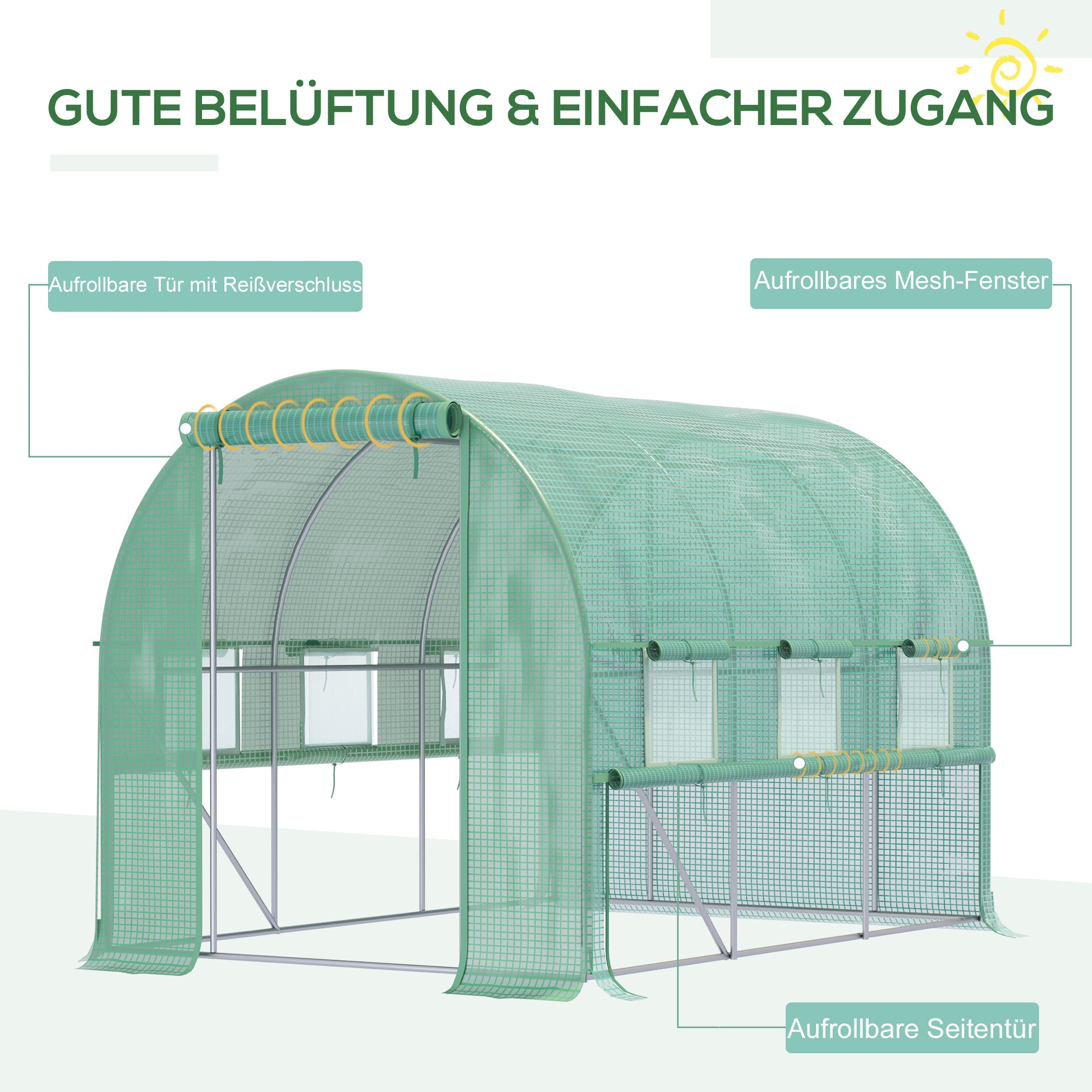 Outsunny Foliengewächshaus, 6 aufrollbare Fenster, Tür mit Reißverschluss, rostfreier Stahlrahmen, 2,95 x 2 x 2 m, Grün