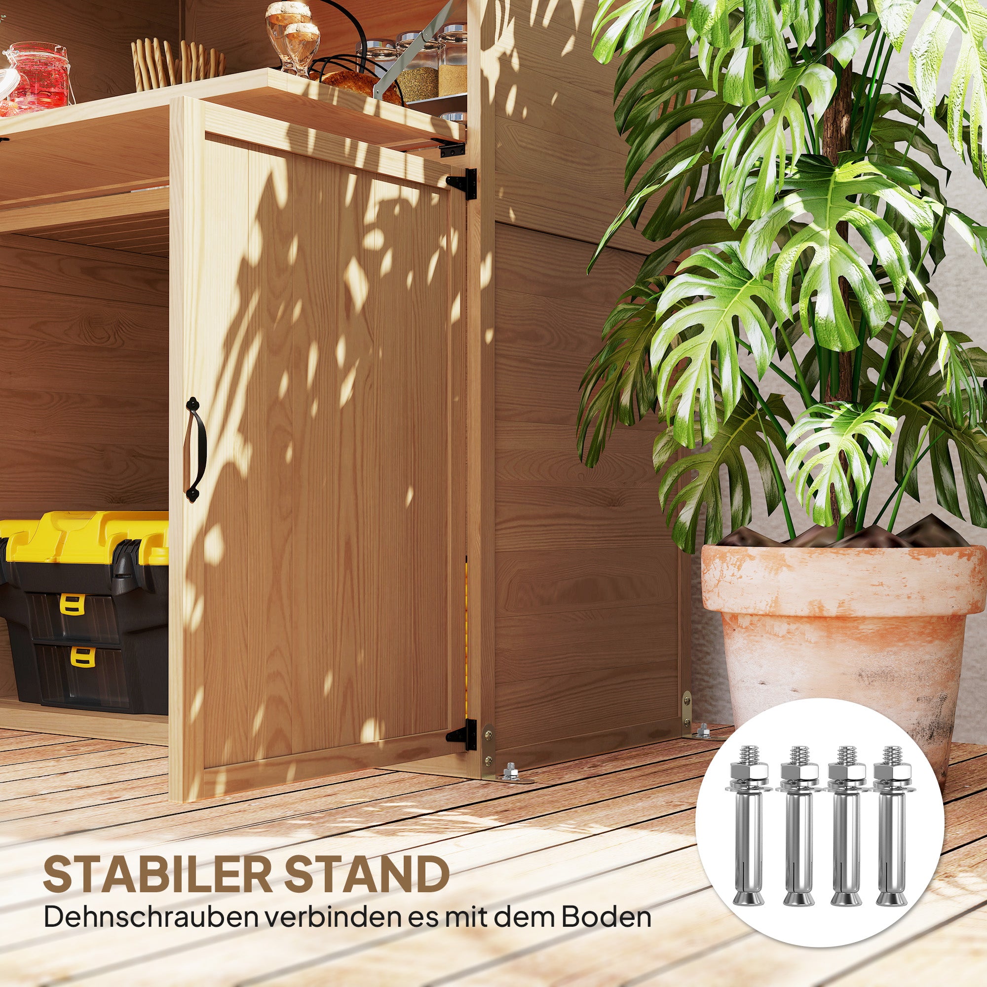 Outsunny Garten-Aufbewahrungsschrank mit ausklappbarem Tisch, Werkzeugschrank mit Dach, 110 x 54 x 136 cm, Tannenholz, Braun