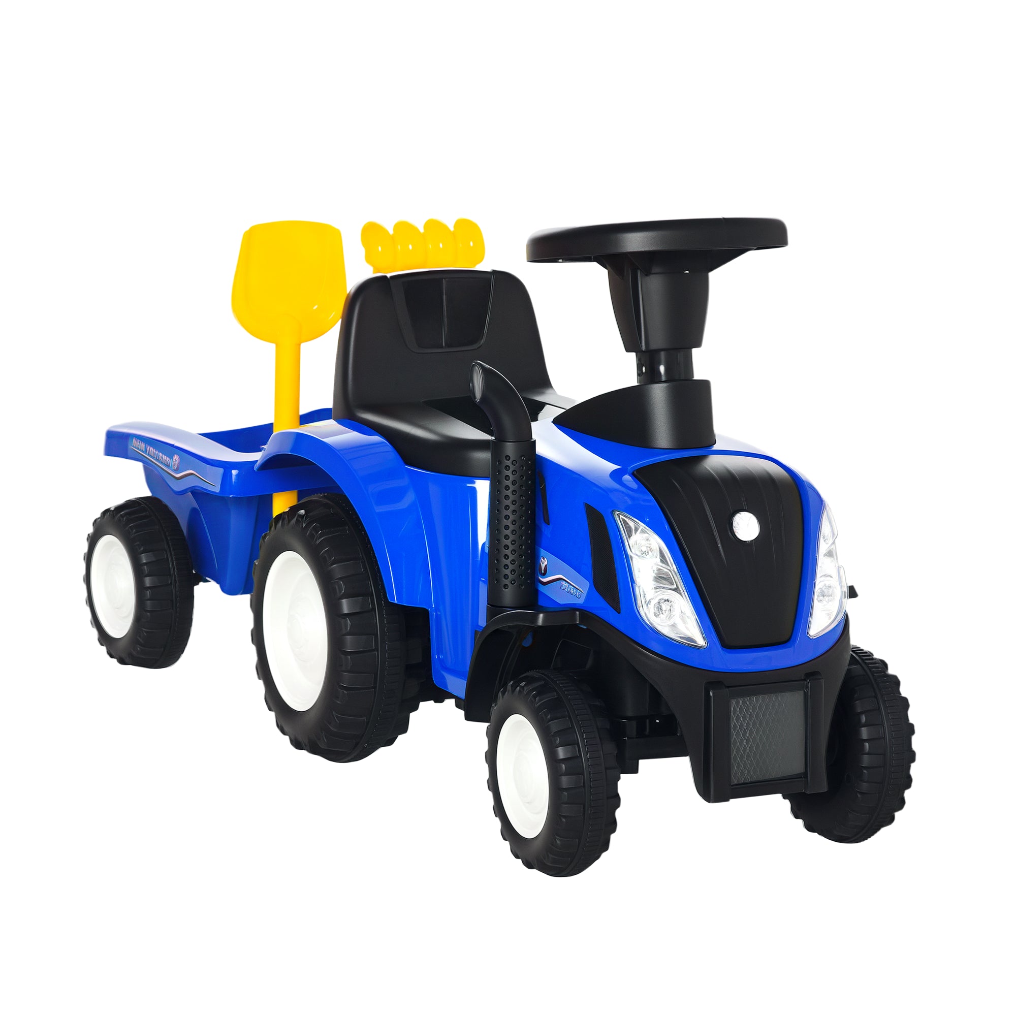 HOMCOM Rutsch-Traktor mit Anhänger, Hupe, Sandspielzeug, ab 1 Jahr, Kunststoff+Metall, blau, 91 x 29 x 44cm