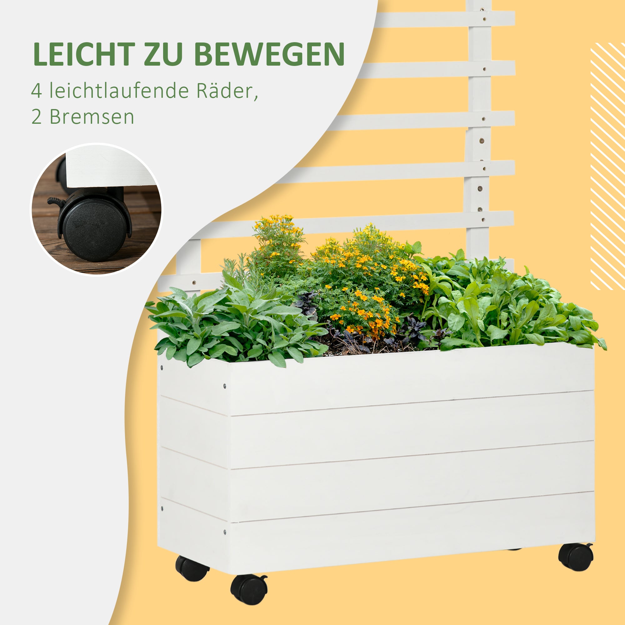 Outsunny Pflanzkasten mit Spalier, 4 Räder, Naturholz, wetterfeste Lackierung, weiß, 76 x 30 x 155 cm