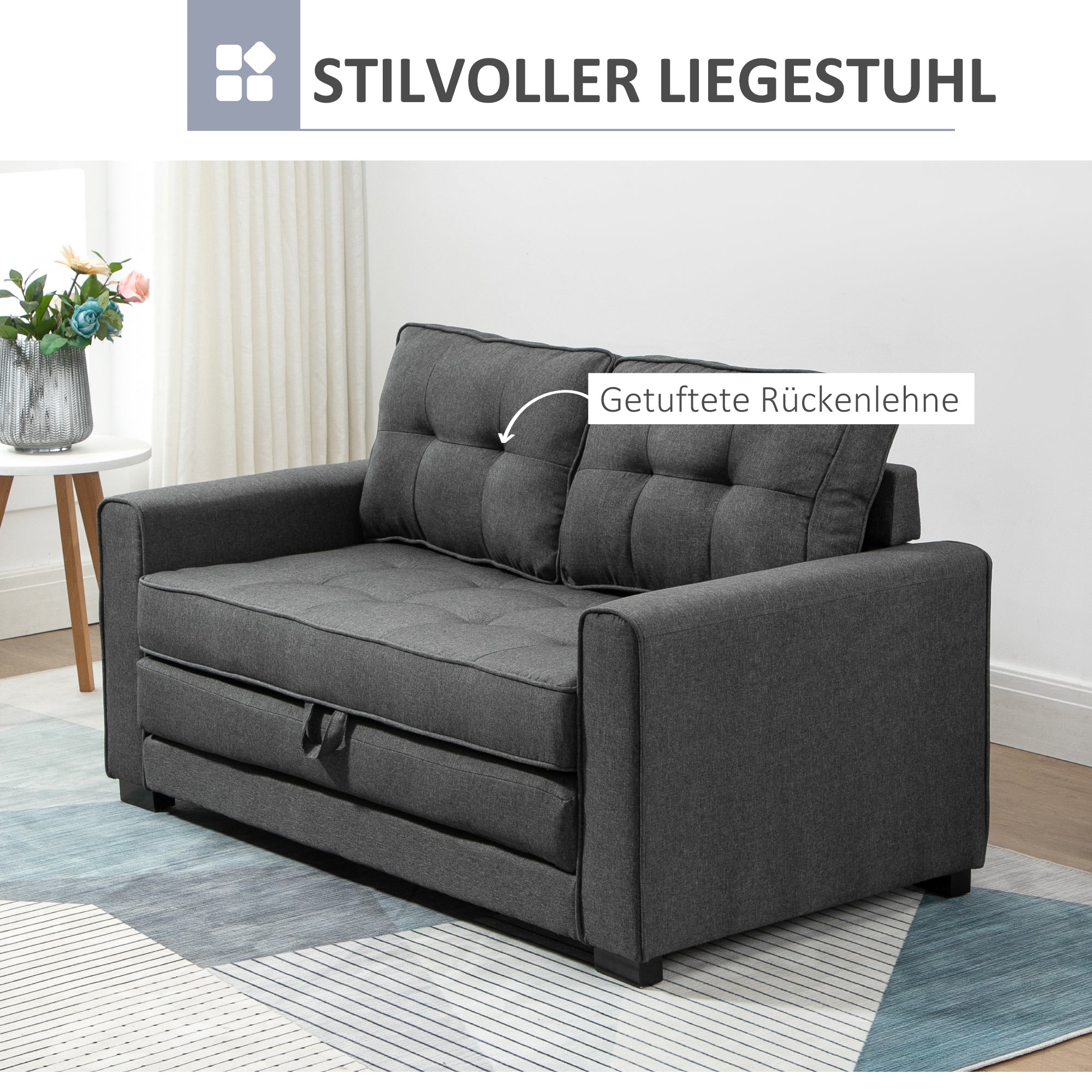 HOMCOM Schlafsofa Klappsofa 2-Sitzer Stoffsofa Bettsofa Sofa mit Schlaffunktion Sofagarnitur Leinen-Touch Gummiholz Grau 147,5 x 75 x 85 cm
