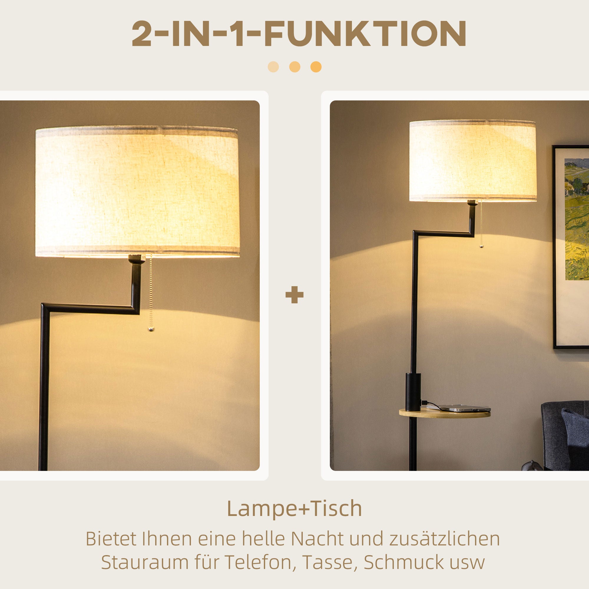 HOMCOM Stehleuchte inkl. Regal, Standleuchte, Kettenzug, E 27, 40 W, Bambus, Natur + Schwarz