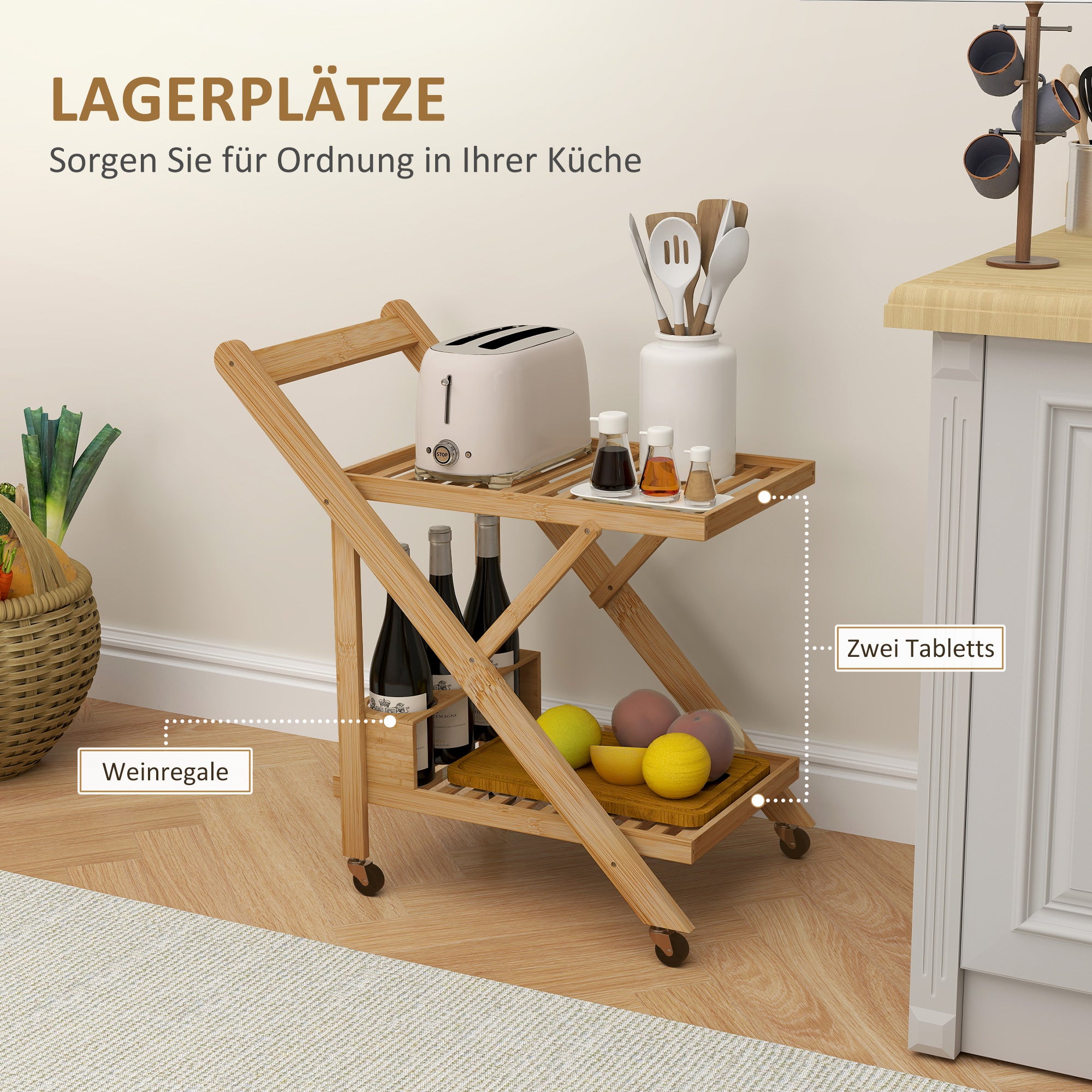 HOMCOM Küchenwagen auf Rädern, Servierwagen mit 3 Weinregalen, 2 Tabletts, für Küche, Esszimmer, Bambusholz, Hellbraun