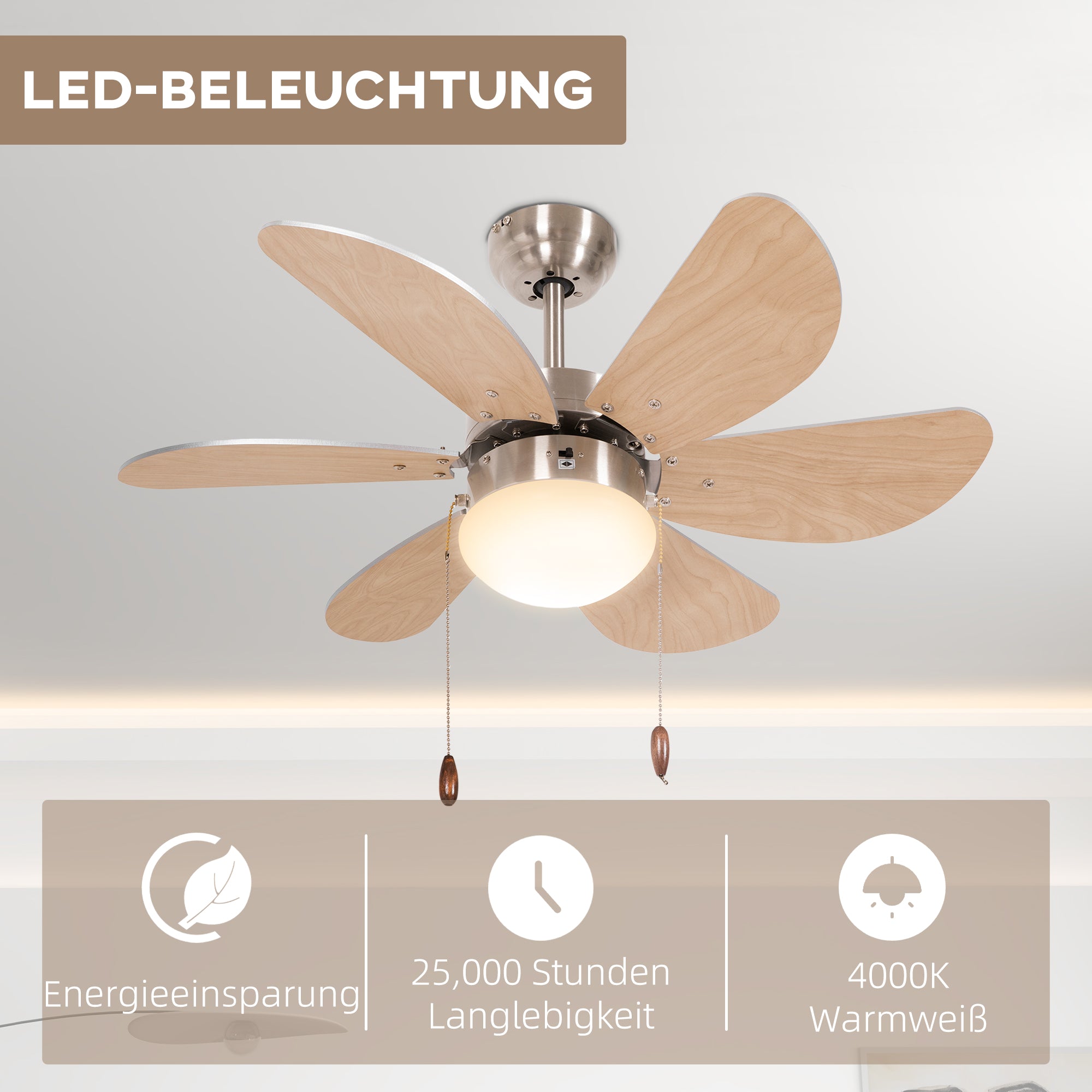 HOMCOM Deckenventilator Deckenventilator mit Licht, Kettenzugschalter, 3 Geschwindigkeiten, 76 cm x 76 cm x 41,5 cm, Weiß