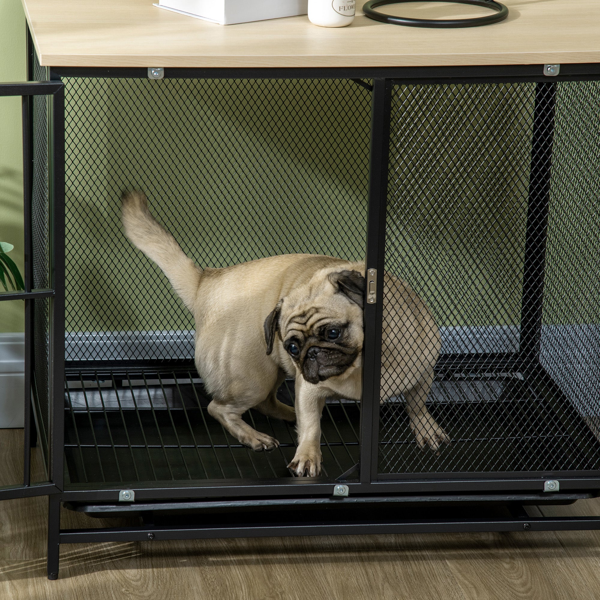 PawHut Hundekäfig, Hundebox, wasserabweisende Matte, herausnehmbare Bodenwanne, verriegelbar, Schwarz, 80 x 55 x 71 cm