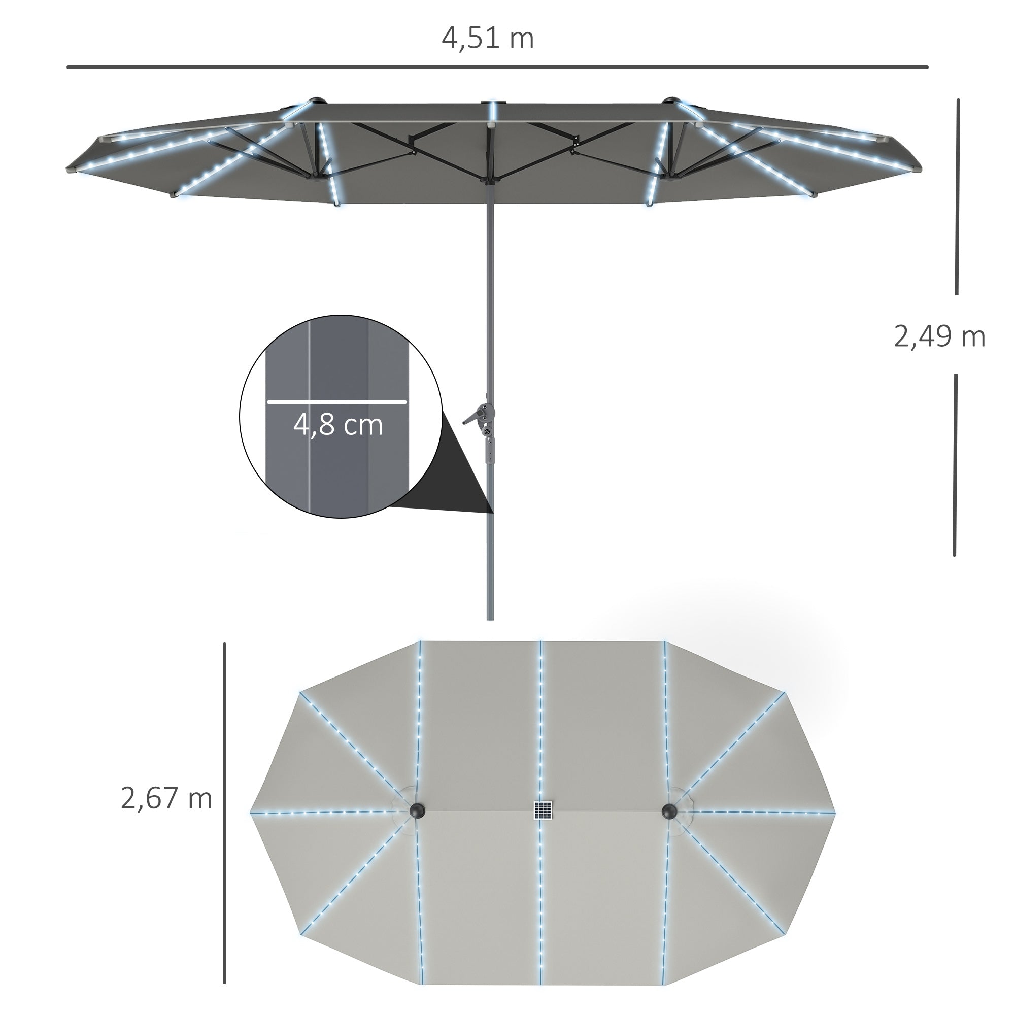 Outsunny Doppelschirm mit Solar-Lichtern, Aluminium, Polyester, UPF50+ Schutz, UV-beständig, Terrassenschirm, Dunkelgrau