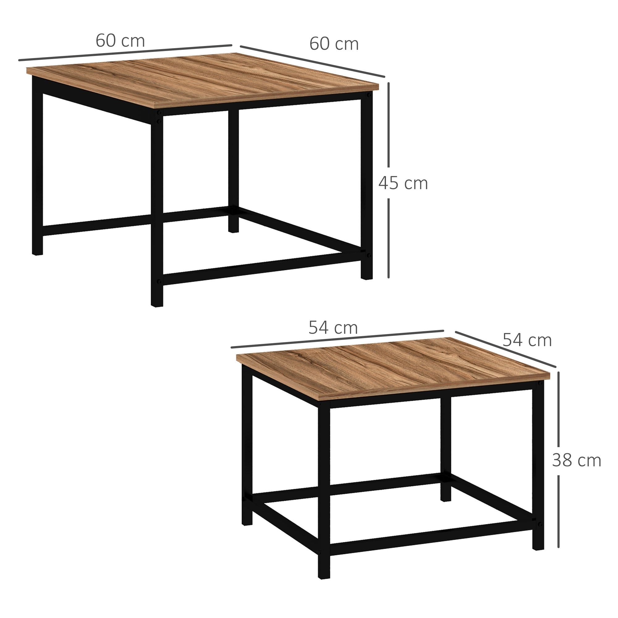 HOMCOM Satztisch-Set aus 2 Beistelltischen, Industrial Design, schwarzer Stahlrahmen, Tischplatte in Holzoptik