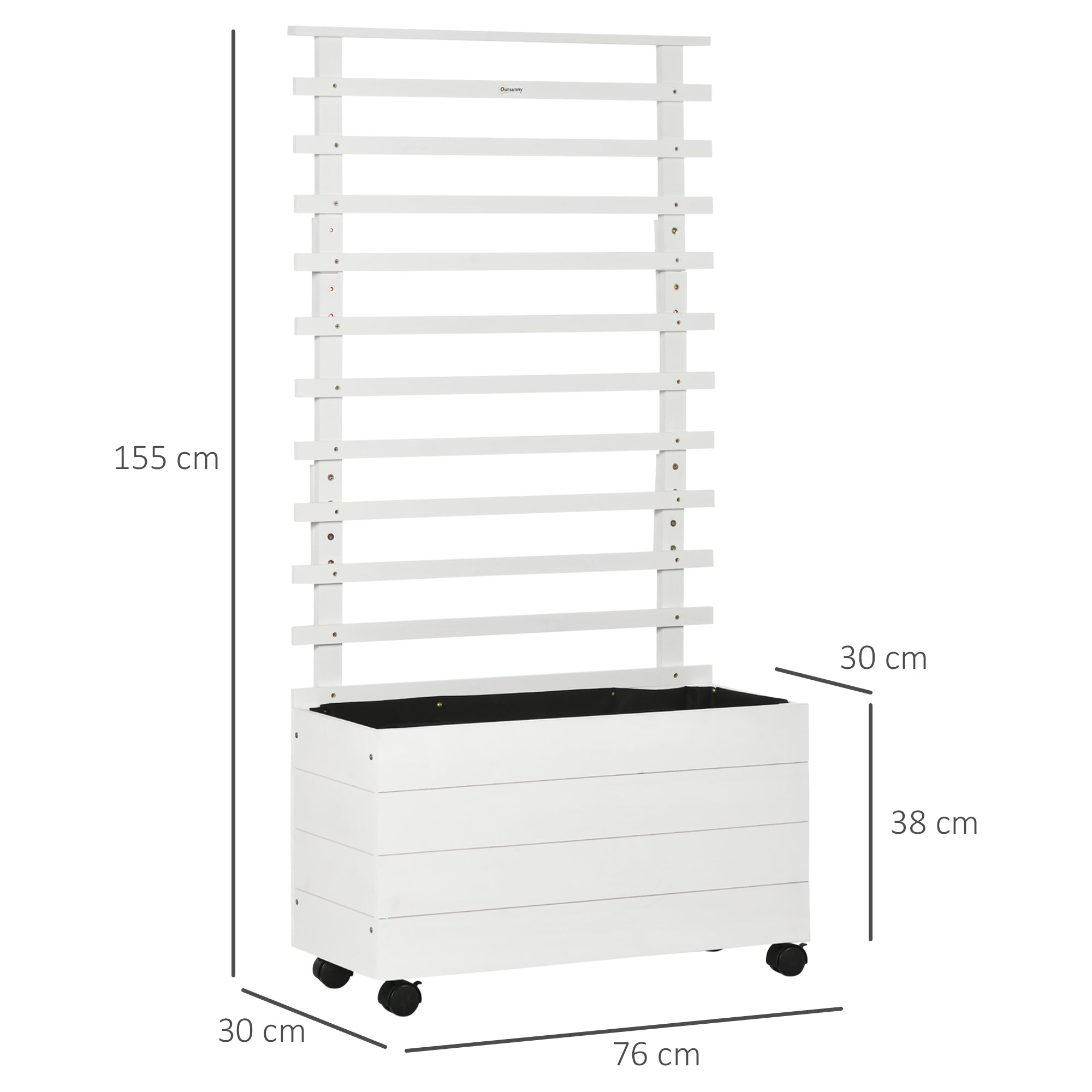 Outsunny Pflanzkasten mit Spalier, 4 Räder, Naturholz, wetterfeste Lackierung, weiß, 76 x 30 x 155 cm