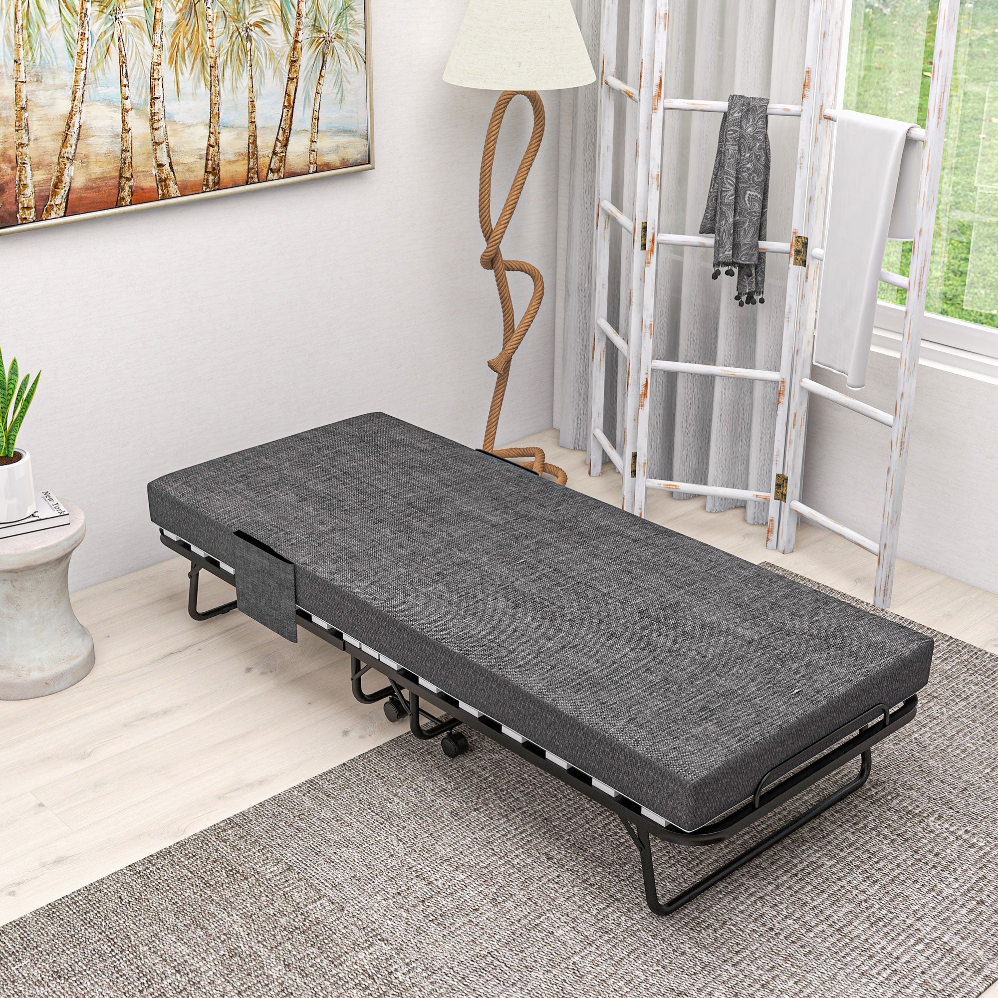 HOMCOM Klappbett, Matratze, 4 Rollen, Metallgestell, bis 150 kg, 190 x 80 x 42 cm, Dunkelgrau