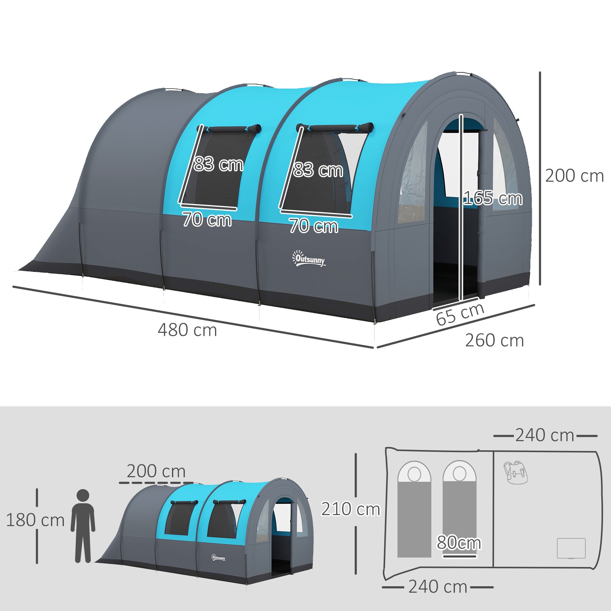 Outsunny Campingzelt bis 6 Pers., Familienzelt, separate Bereiche, wasserdicht, Grau/Blau