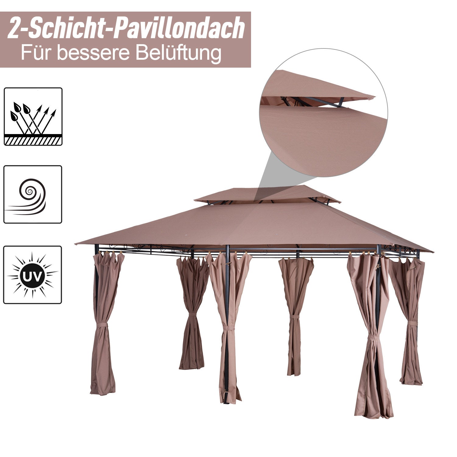 Outsunny Pavillon 3x4m Gartenpavillon mit 6 Seitenteilen Partyzelt Gartenzelt Festzelt mit Doppeldach Khaki