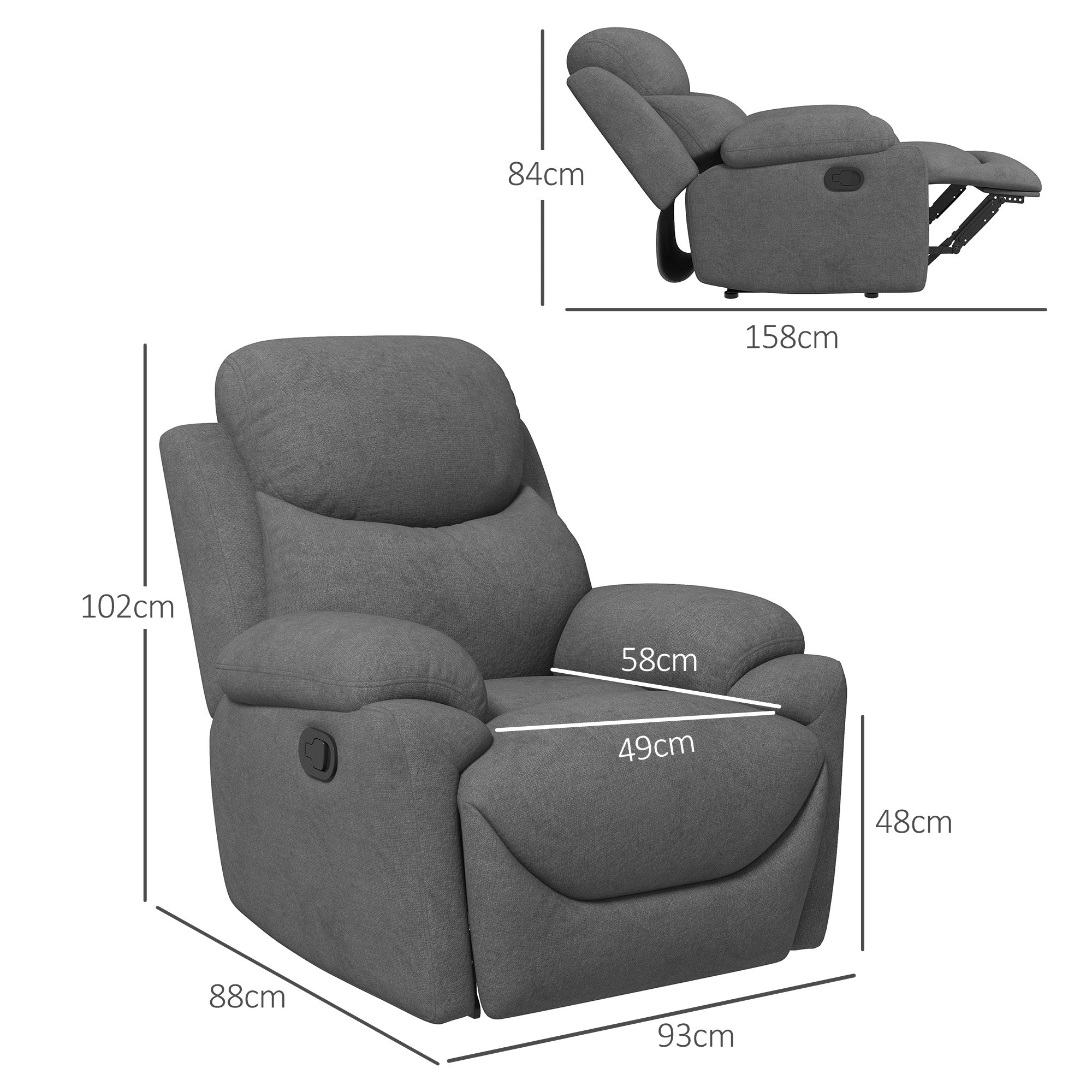 HOMCOM Relaxsessel Liegesessel Fernsehsessel, Liegefunktion Leinenoptik, 93 cm x 88 cm x 102 cm, Grau