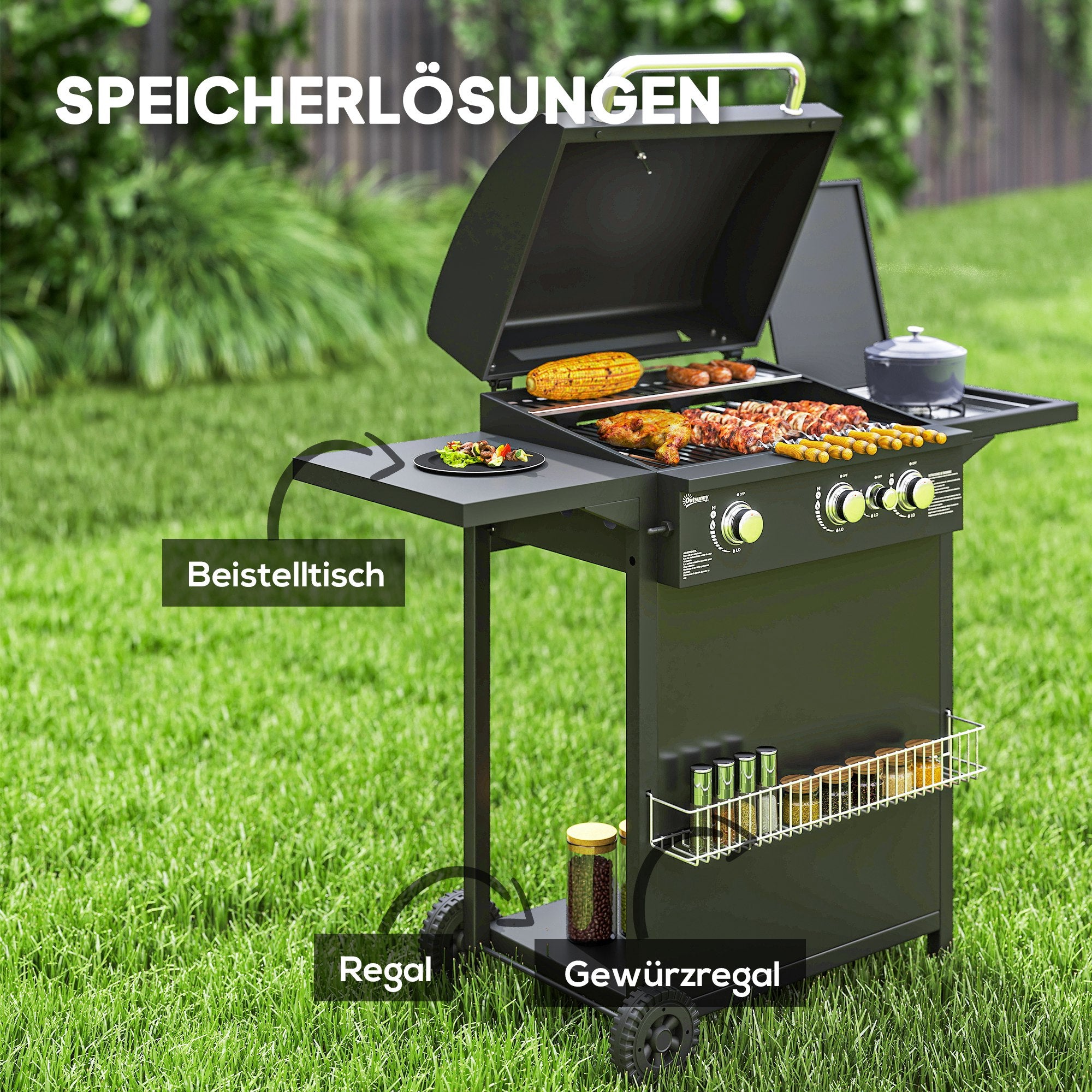 Outsunny Gasgrill 9,5 KW Grillwagen inkl 4 Brenner Seitenkocher Rolle 123 x 57 x 98 cm Schwarz