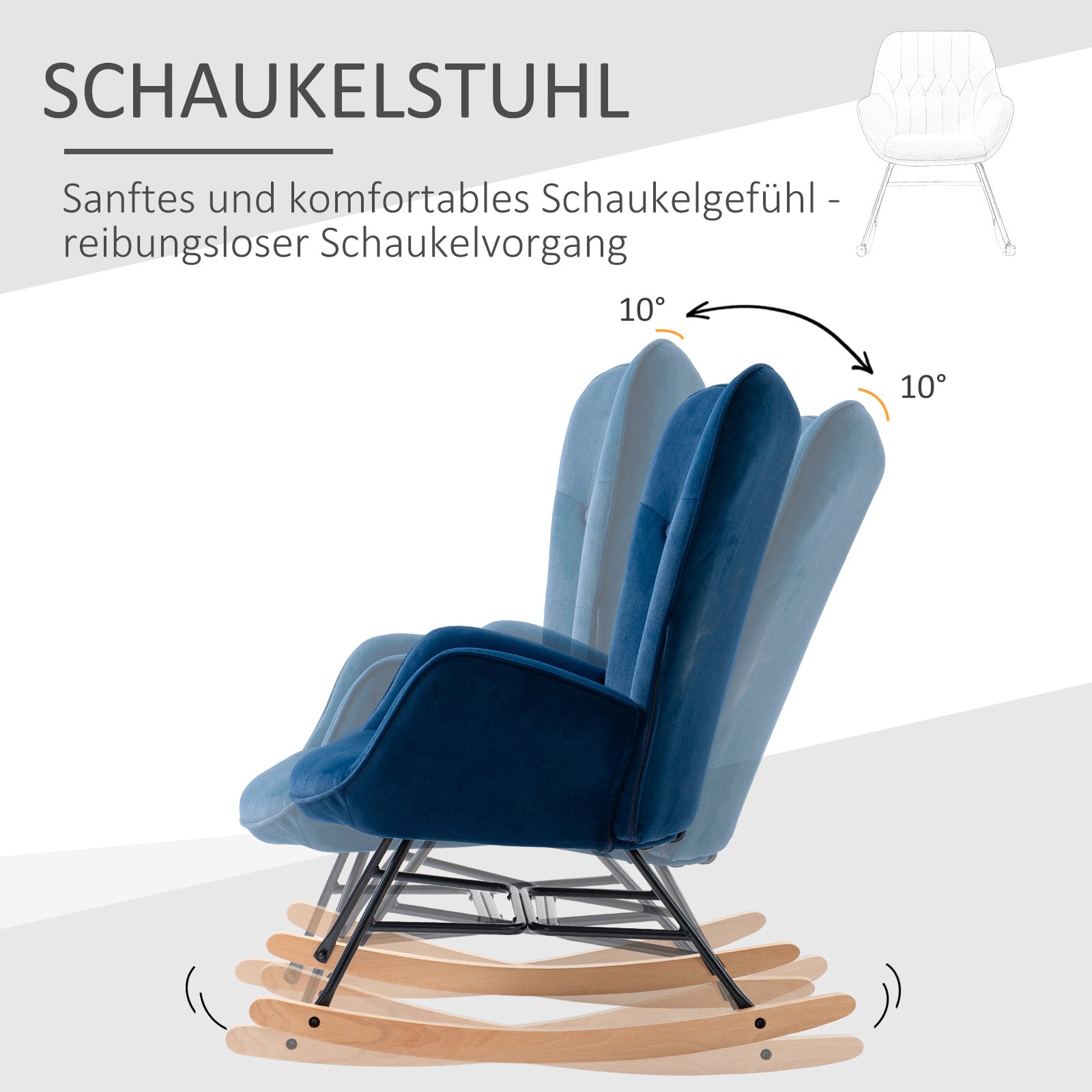 HOMCOM Schaukelstuhl mit Steppung, Holzkufen, Samtoptik, bis 150 kg, Blau