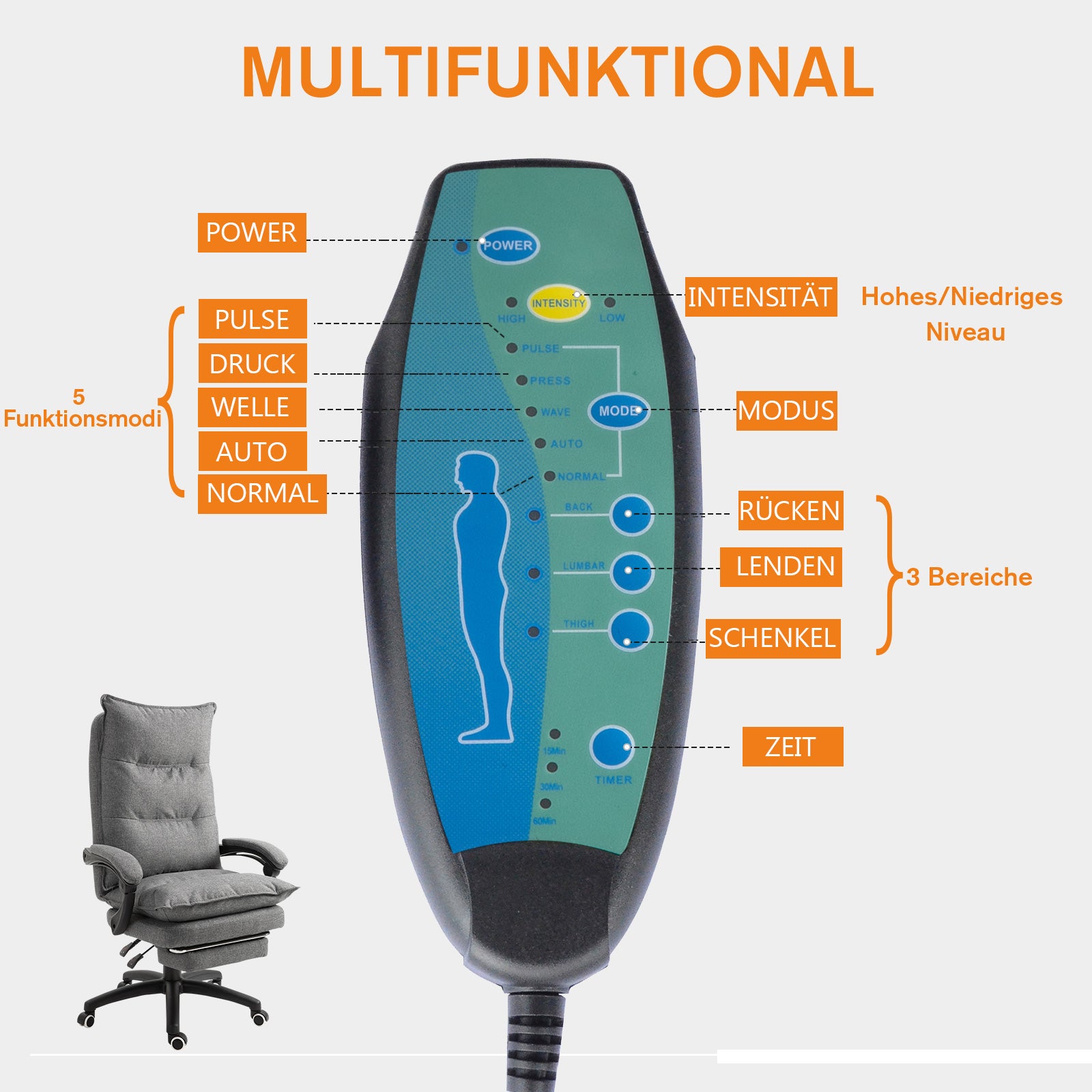 Vinsetto Massage-Bürostuhl, Schreibtischsessel mit Massagefunktion, höhenverstellbarer, ergonomischer Drehstuhl, Nylon, Grau