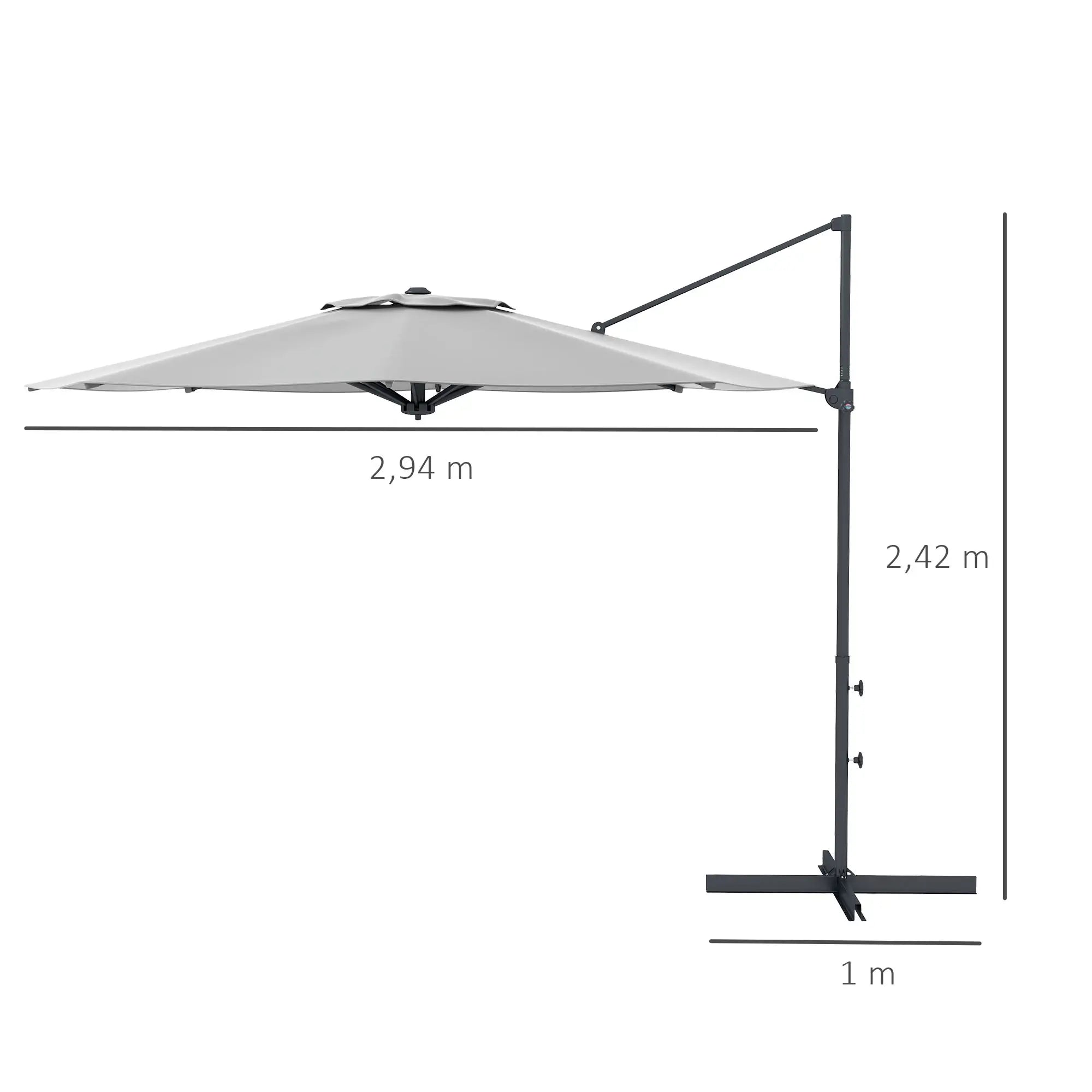 Outsunny Ø3 m Ampelschirm, neigbar, drehbar, Handkurbel, Windhaube, Metallmast, Dunkelgrau