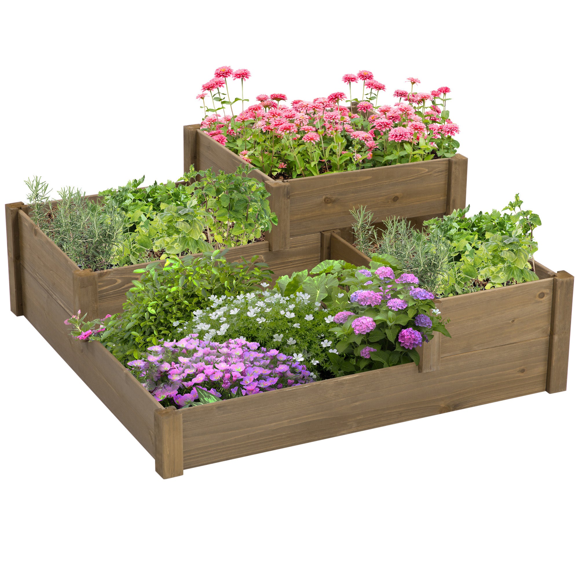 Outsunny Hochbeet, 4 Pflanzgefäße auf 3 Stufen, wetterbeständig, Massivholz, 122 cm x 122 cm x 51 cm, Natur