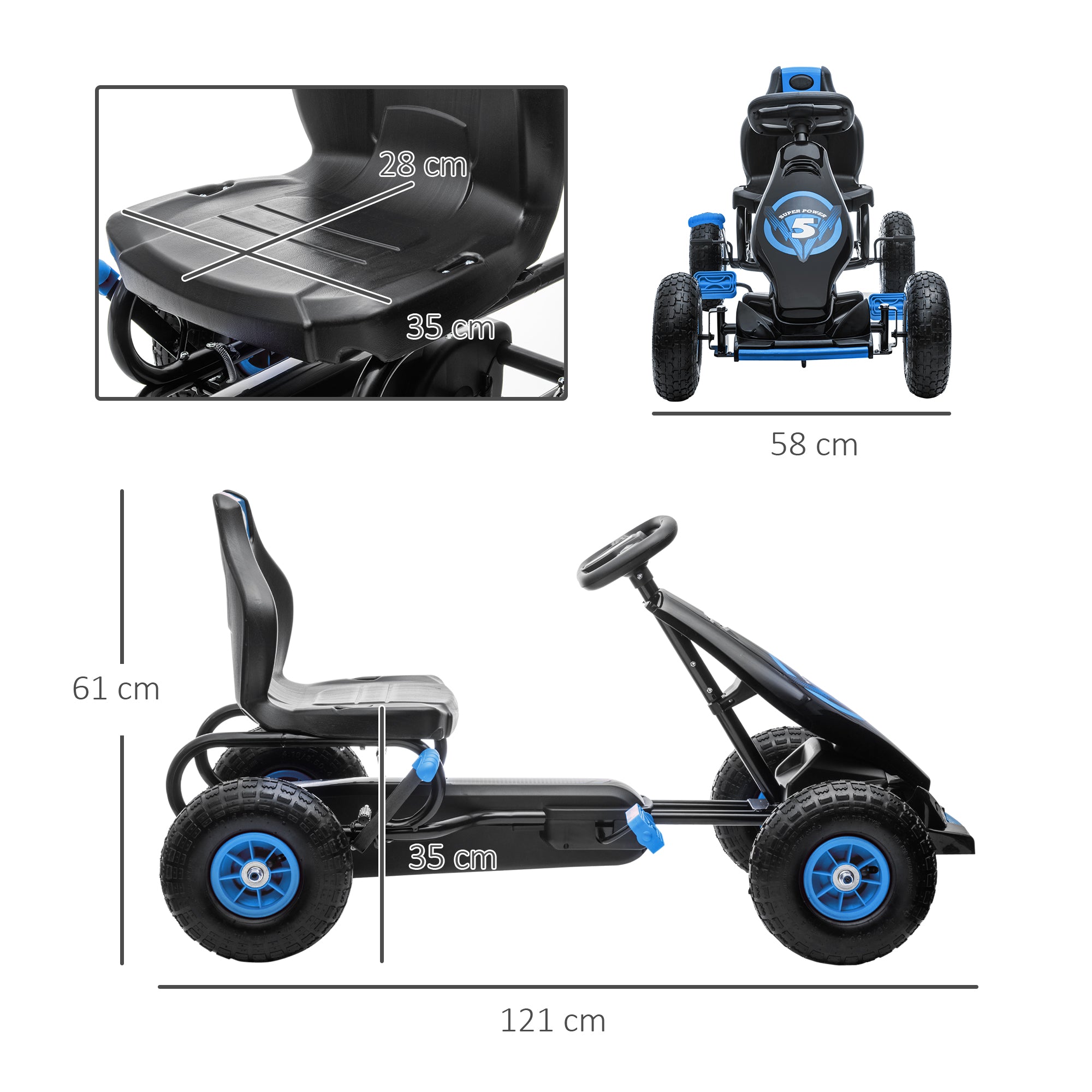 HOMCOM Kinder-Gokart, mit Pedalen, verstellbarem Sitz, In- und Outdoor, ab 5 Jahren, blau+schwarz, 121 x 58 x 61 cm